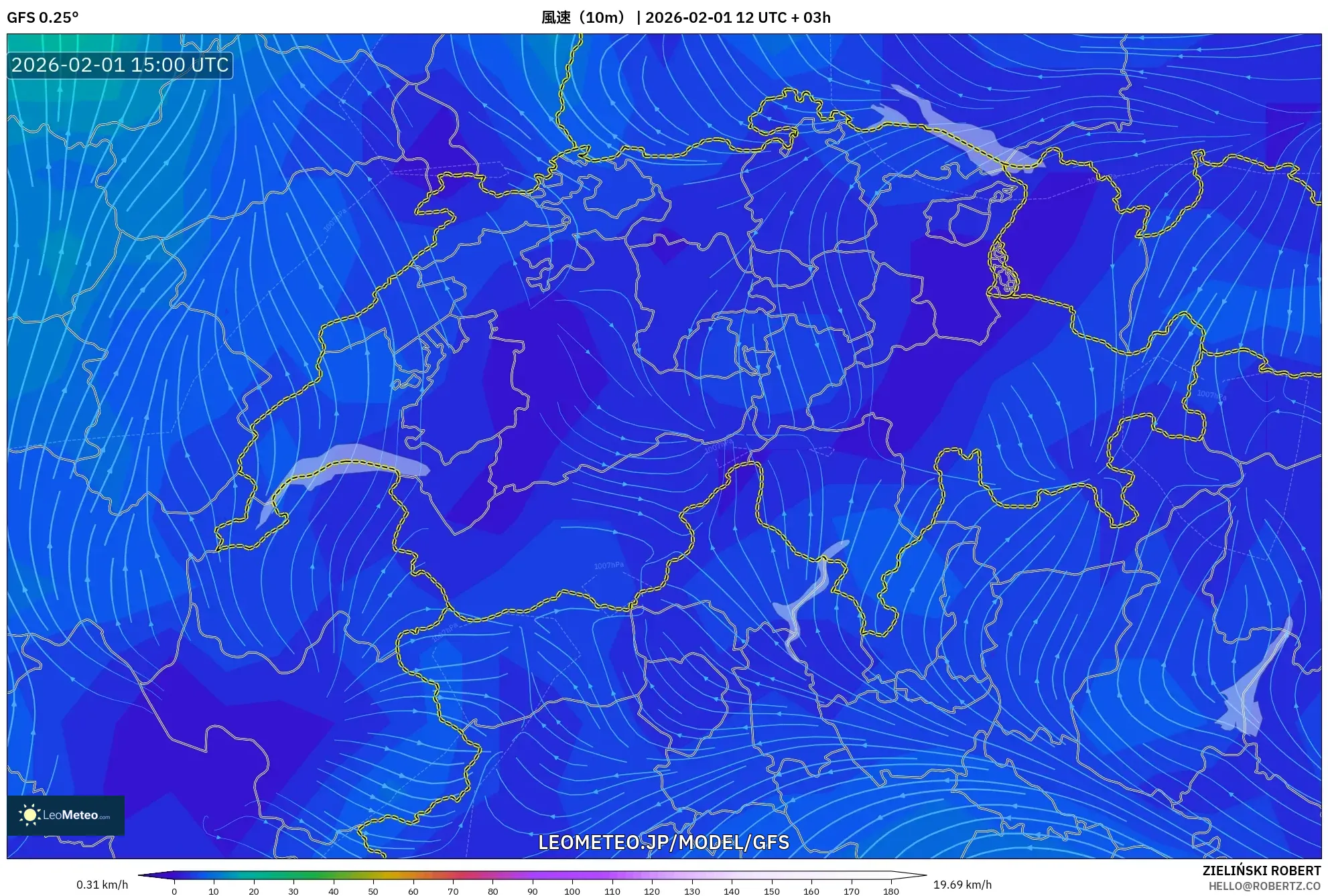 GFS model - スイス, 風速（10m）