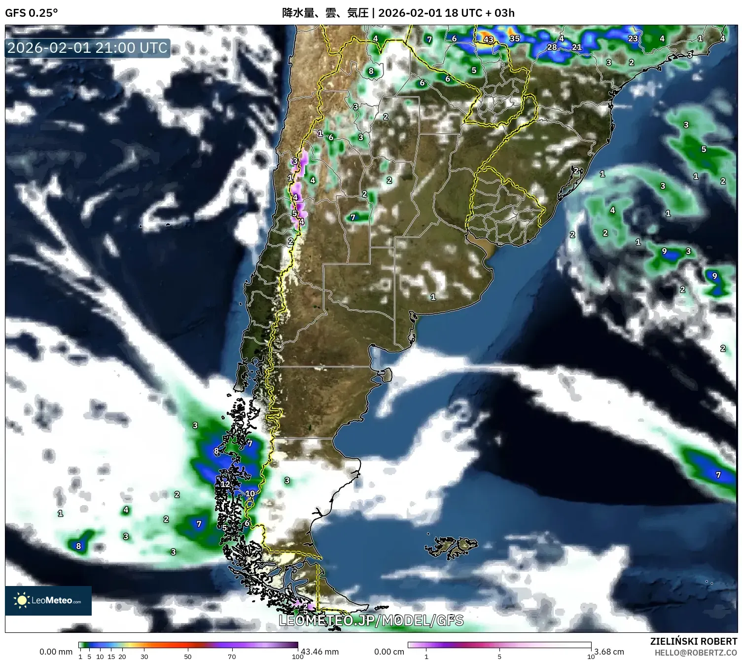 GFS model - アルゼンチン, 降水量、雲、気圧