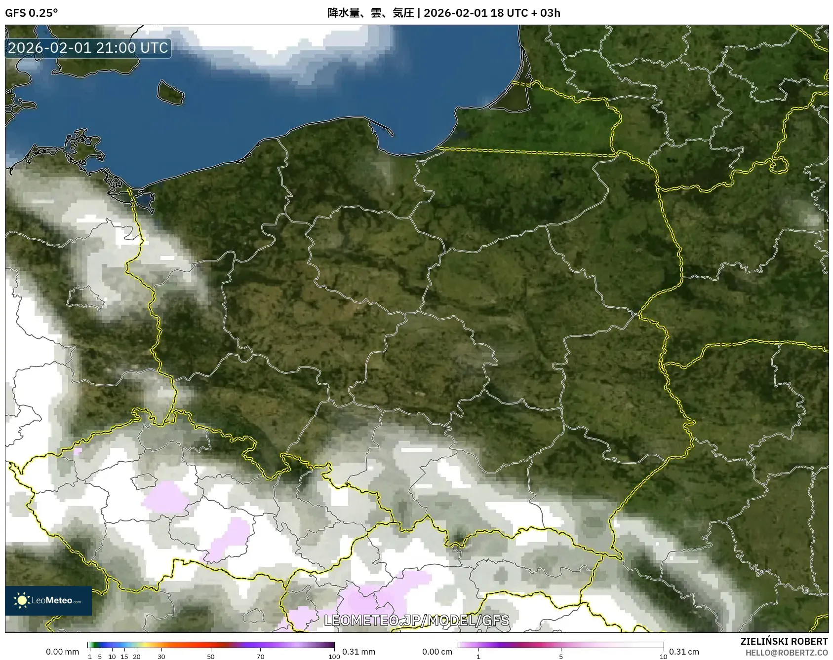 GFS model - ポーランド, 降水量、雲、気圧