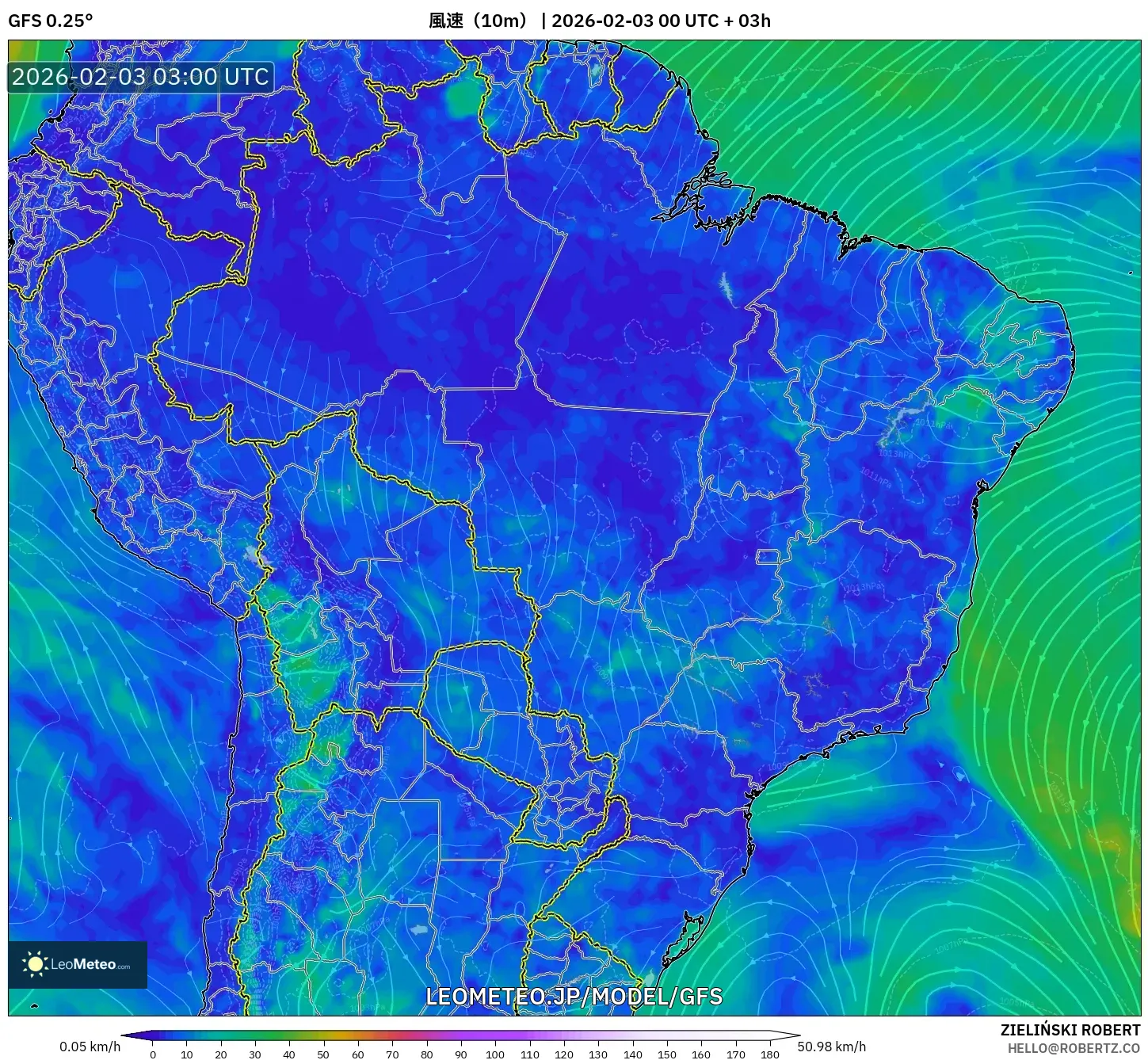 GFS model - ブラジル, 風速（10m）