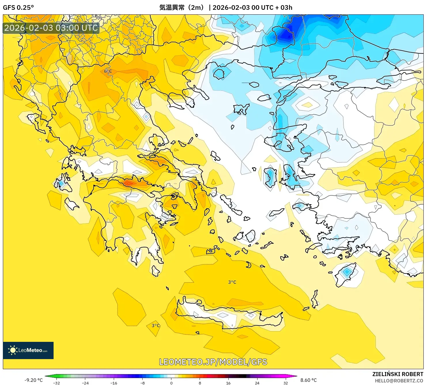 GFS model - ギリシャ, 気温異常（2m）