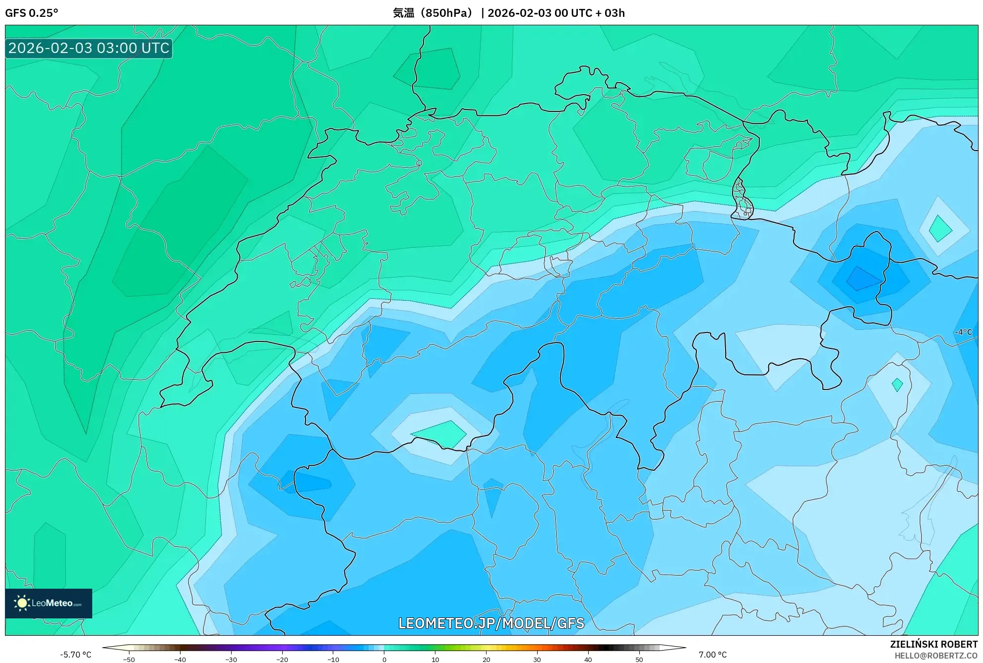 GFS model - スイス, 気温（850hPa）