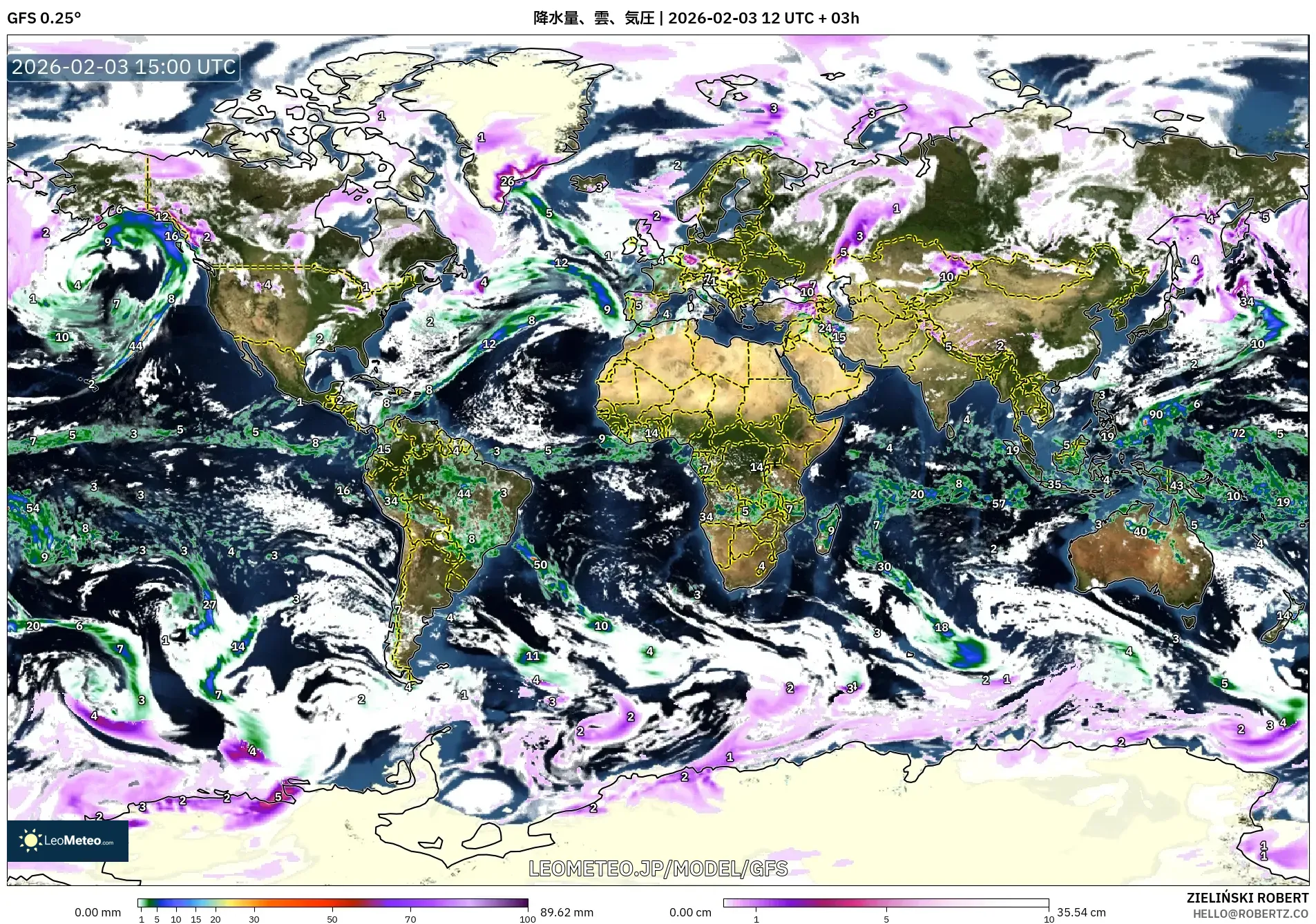 GFS model - 世界, 降水量、雲、気圧