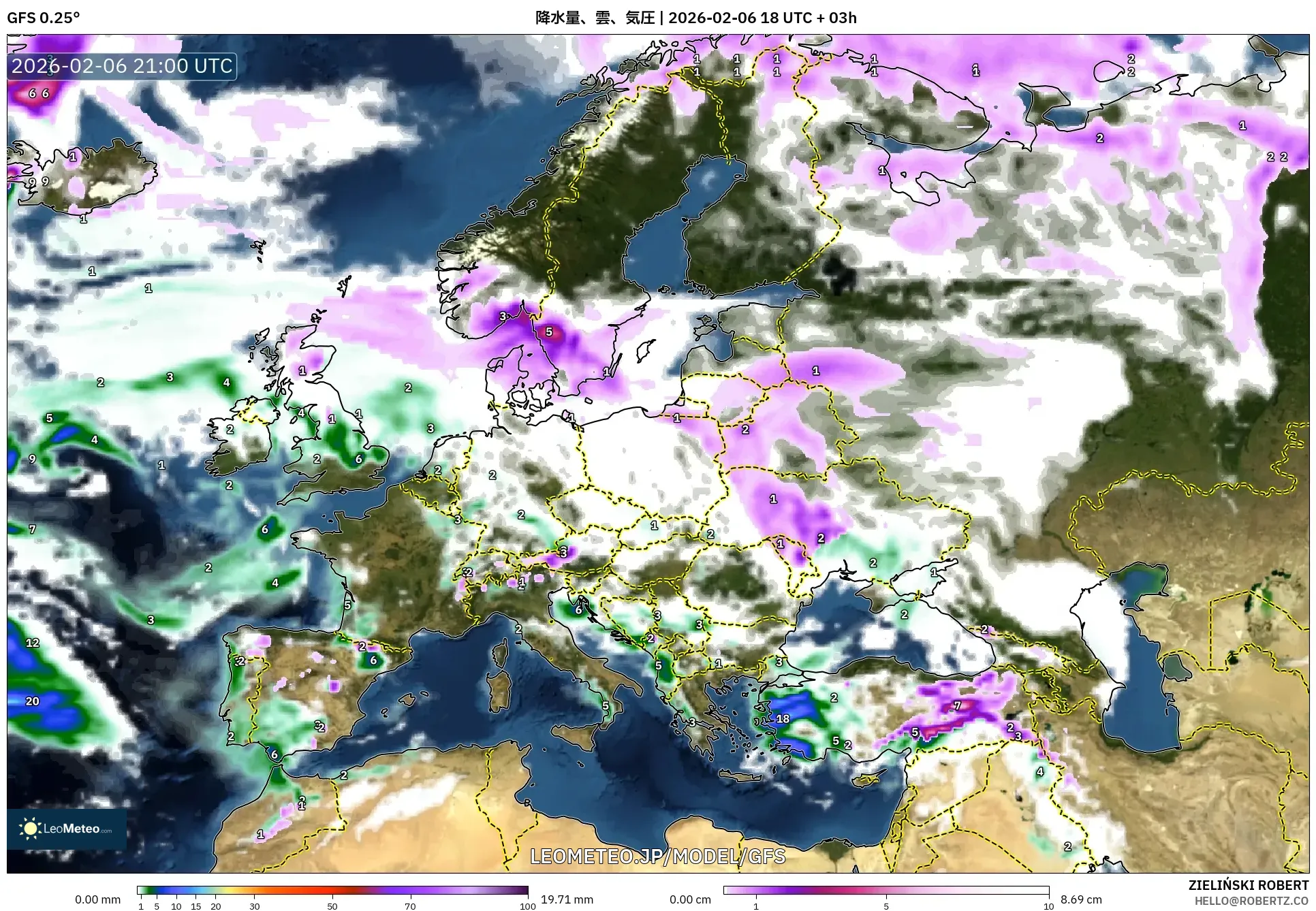 GFS model - ヨーロッパ, 降水量、雲、気圧