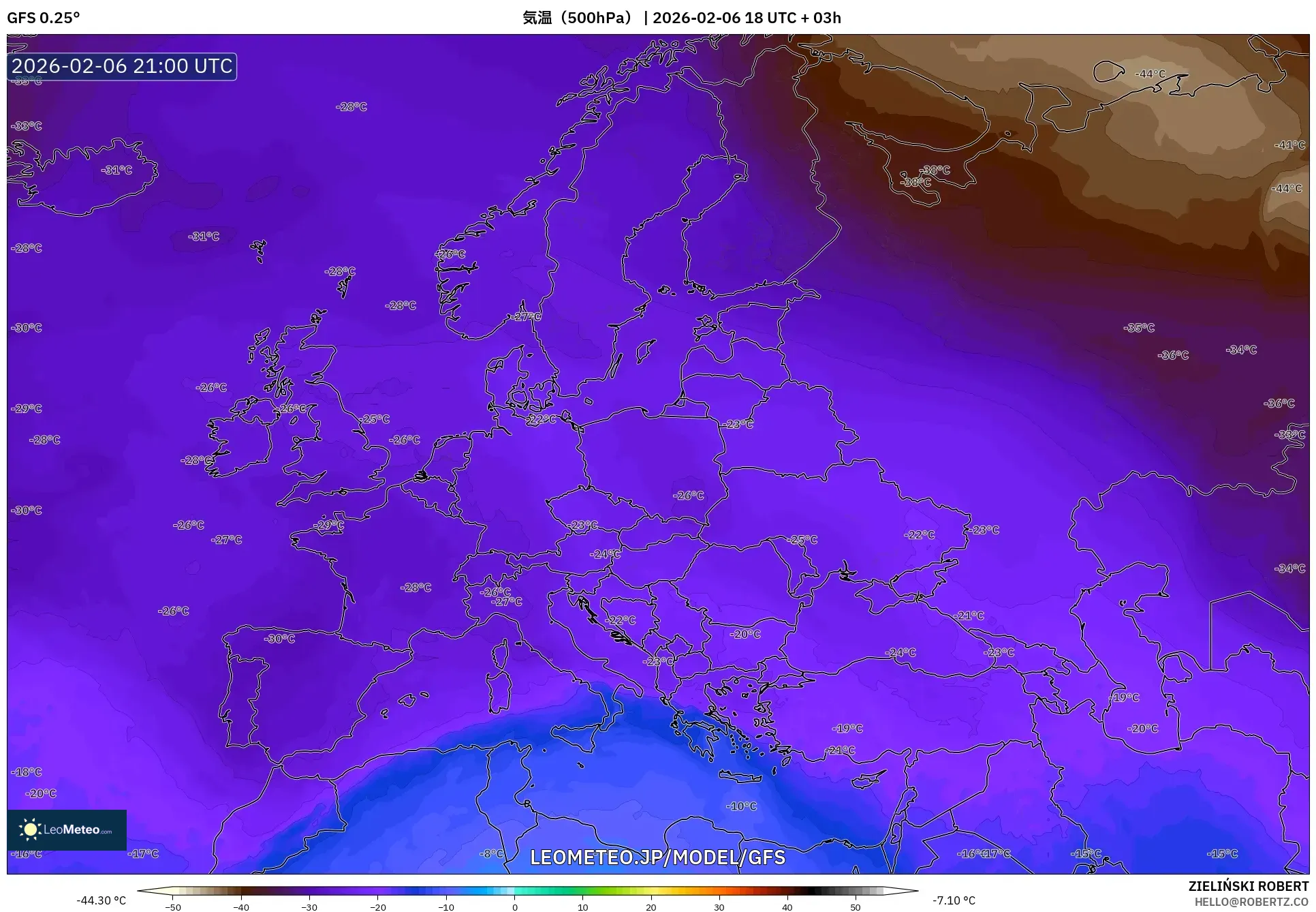 GFS model - ヨーロッパ, 気温（500hPa）