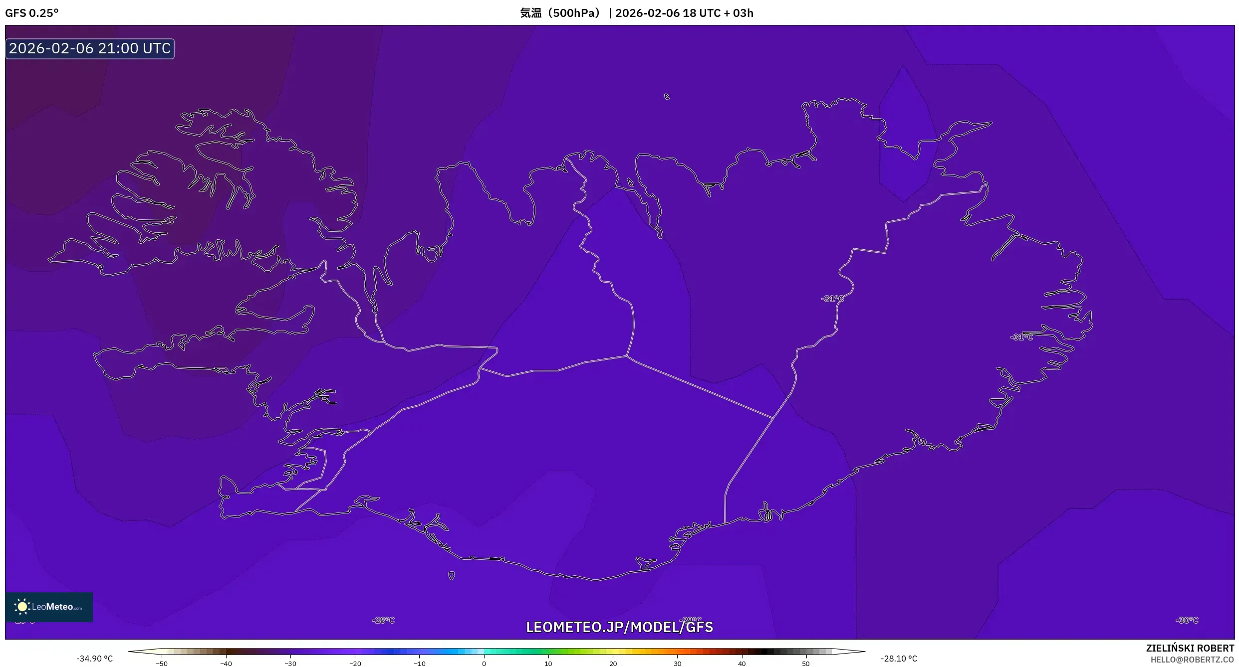 GFS model - アイスランド, 気温（500hPa）