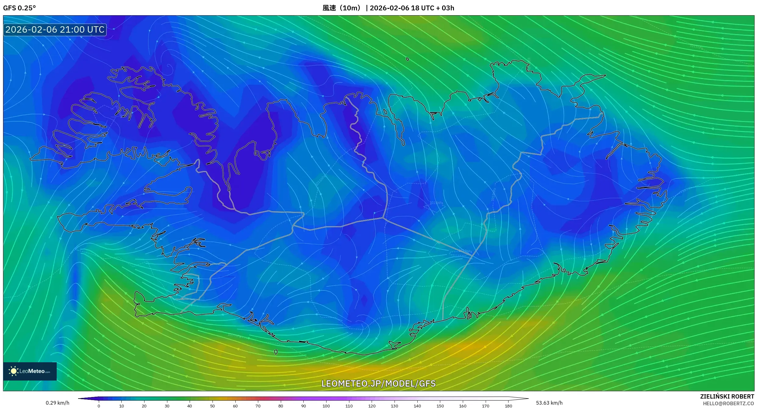 GFS model - アイスランド, 風速（10m）