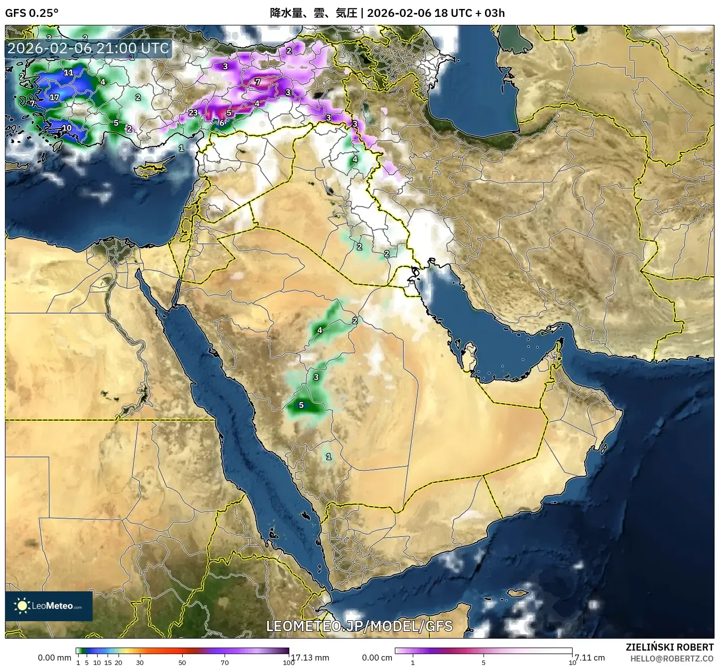 GFS model - 中東, 降水量、雲、気圧