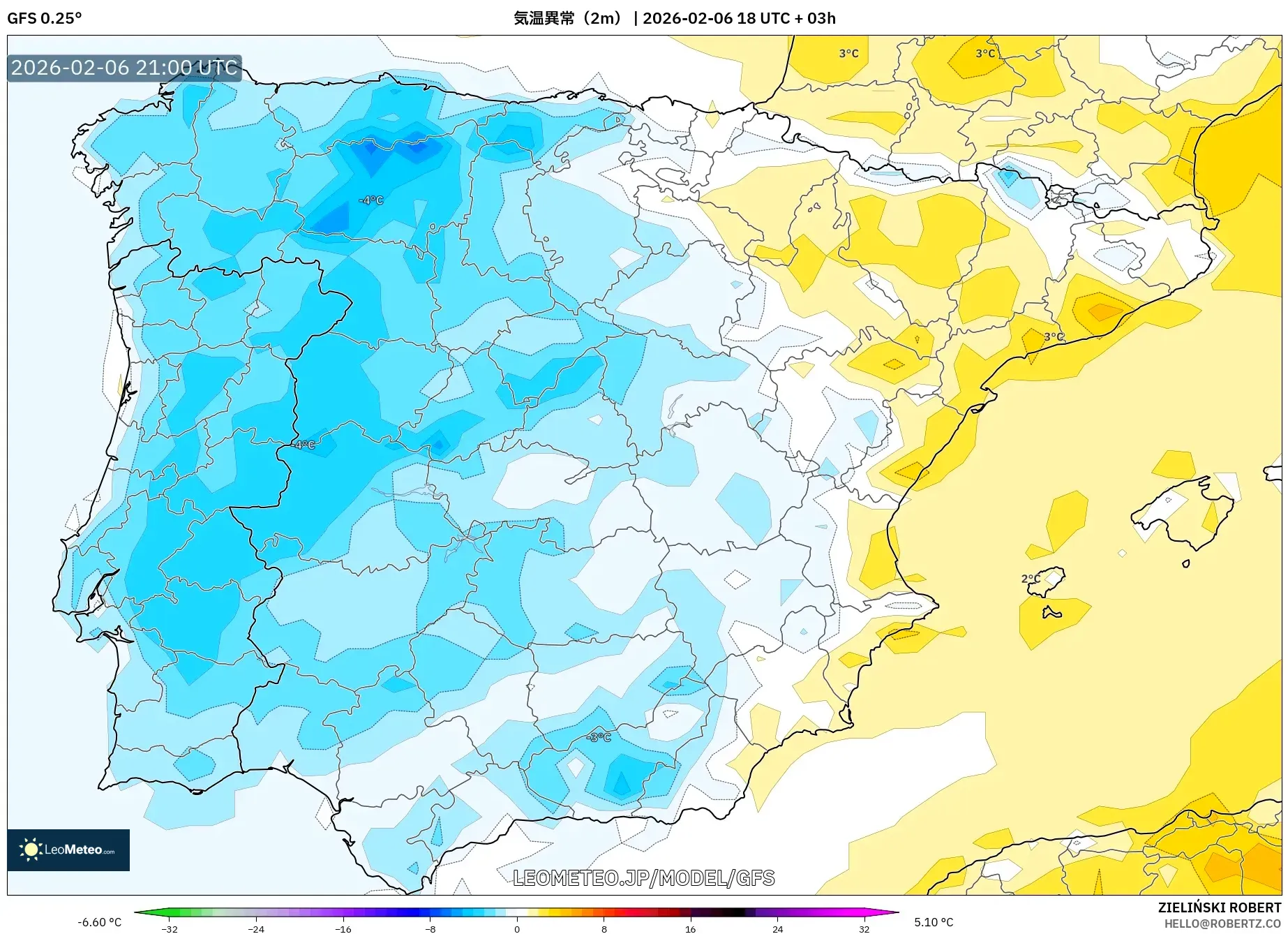 GFS model - スペイン, 気温異常（2m）