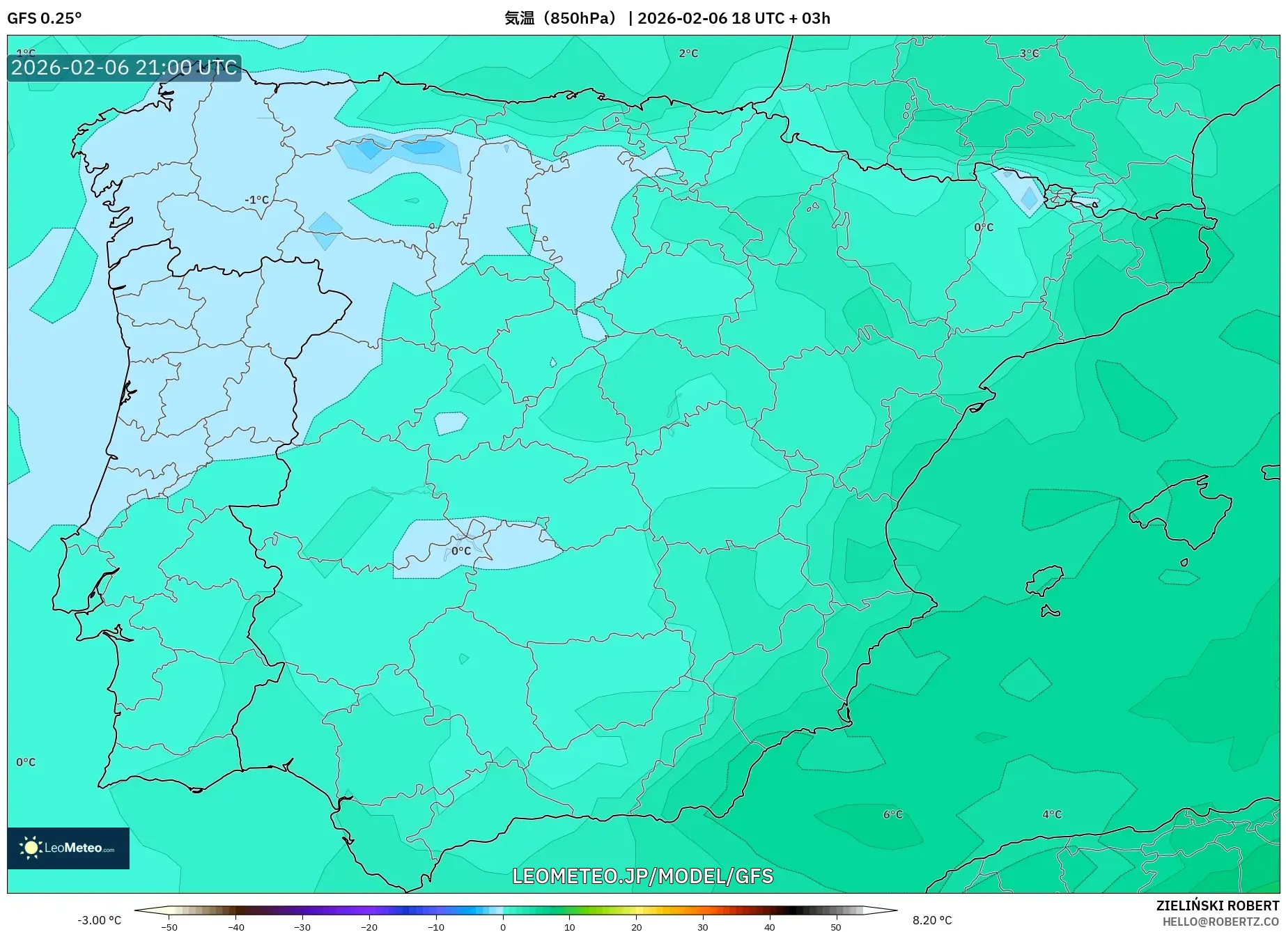 GFS model - スペイン, 気温（850hPa）