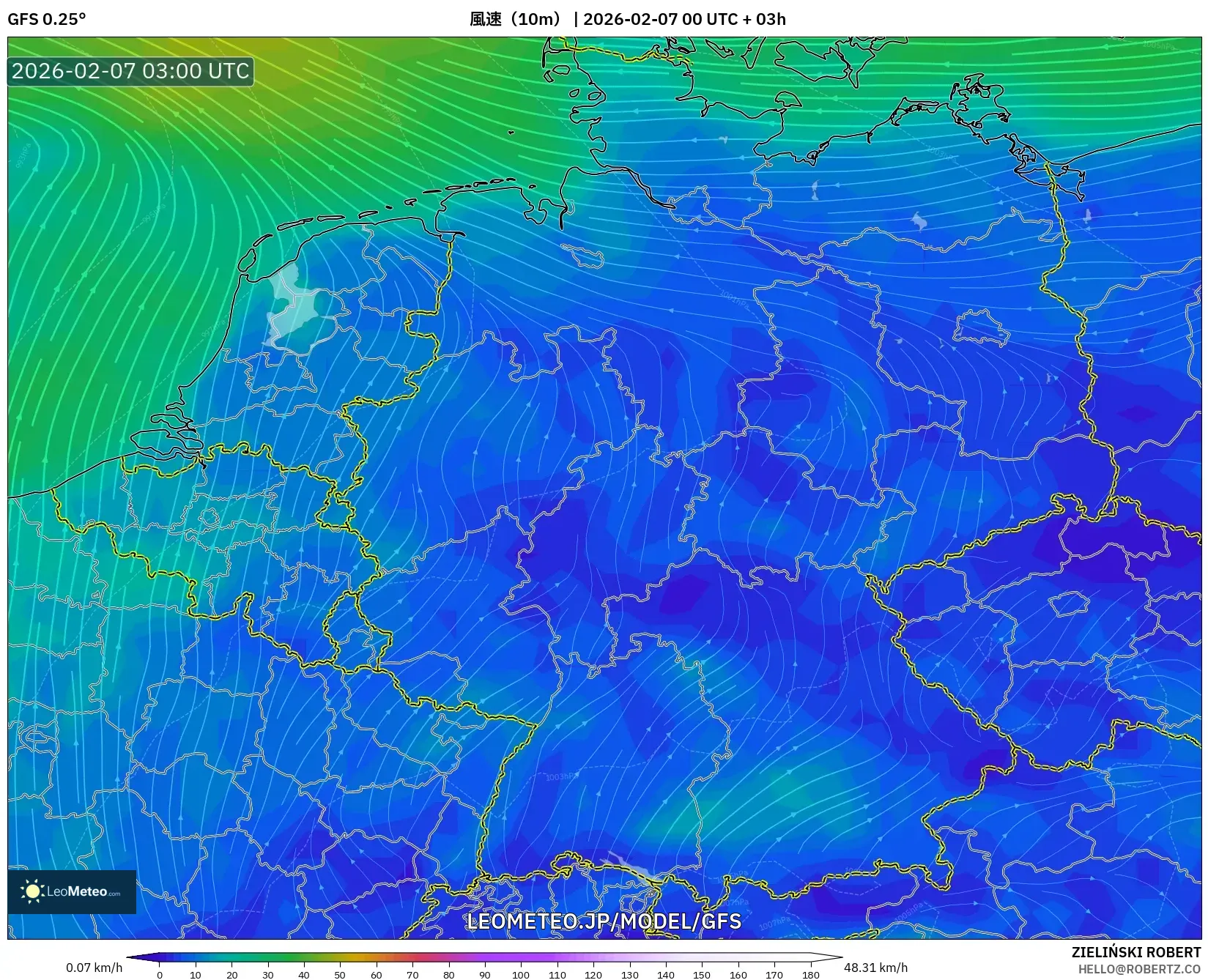 GFS model - ドイツ, 風速（10m）