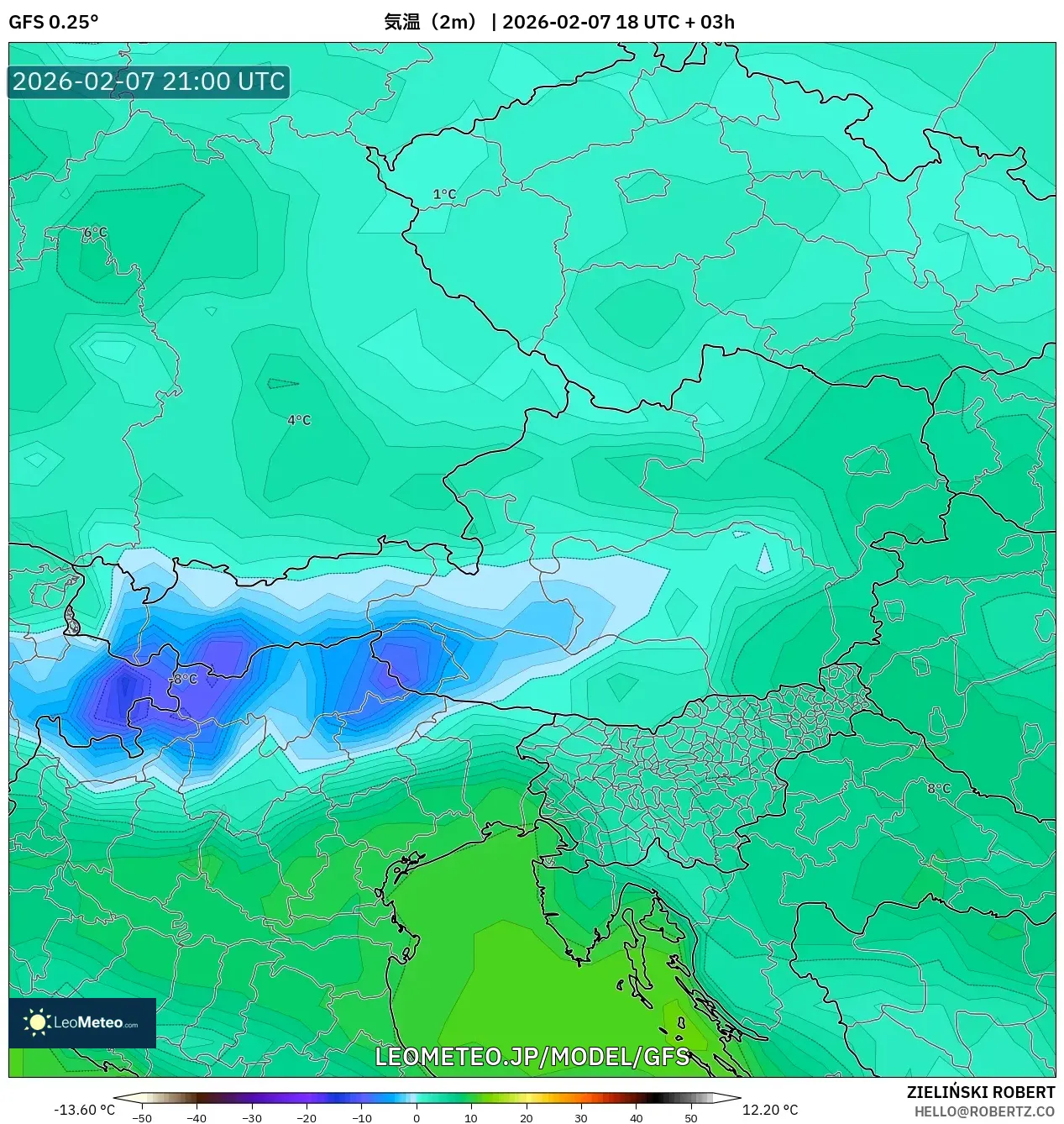 GFS model - オーストリア, 気温（2m）