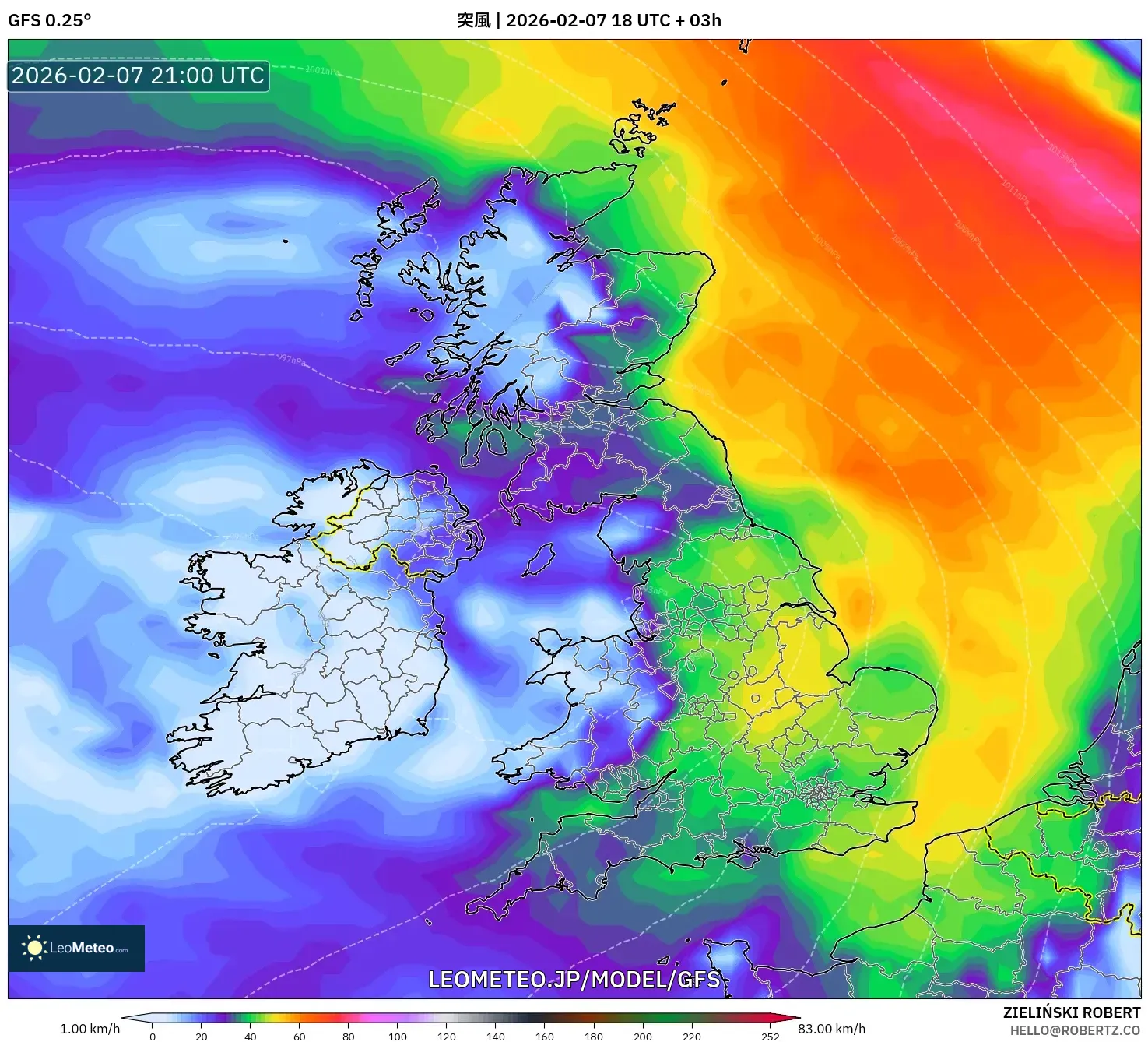GFS model - イギリス, 突風