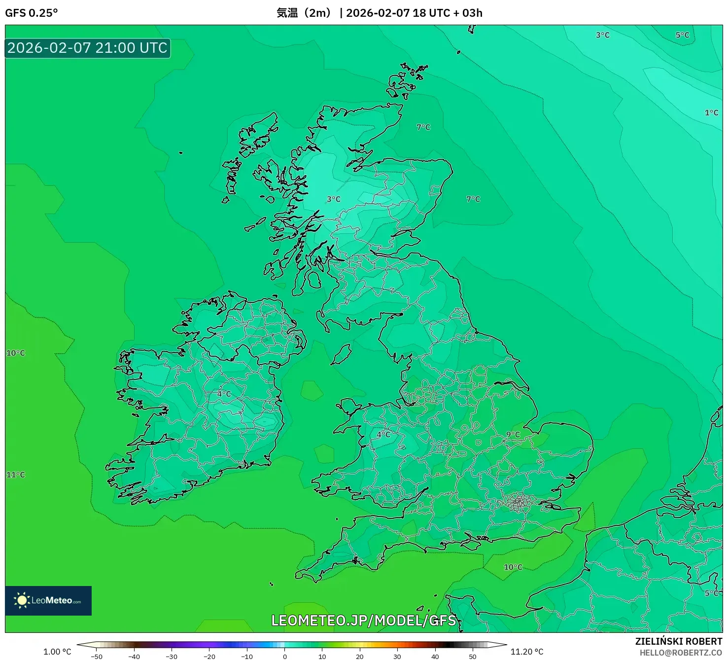 GFS model - イギリス, 気温（2m）