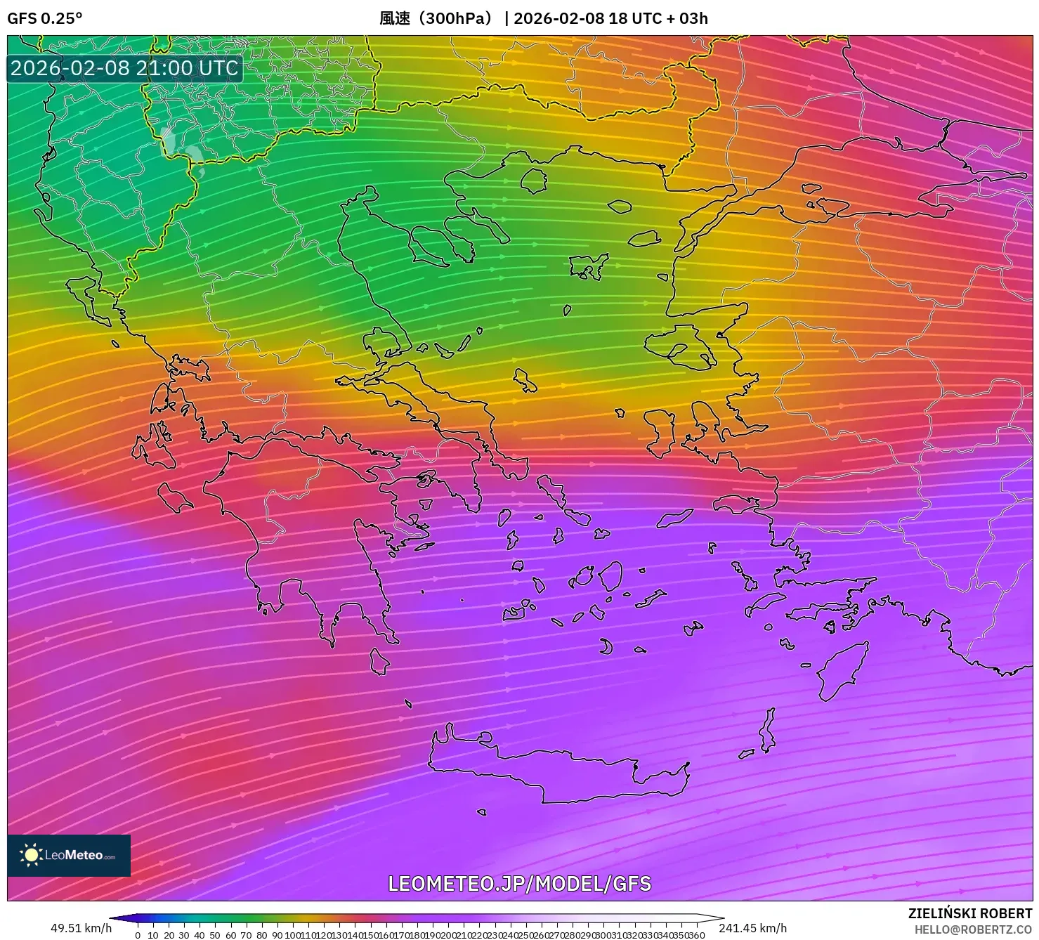 GFS model - ギリシャ, 風速（300hPa）