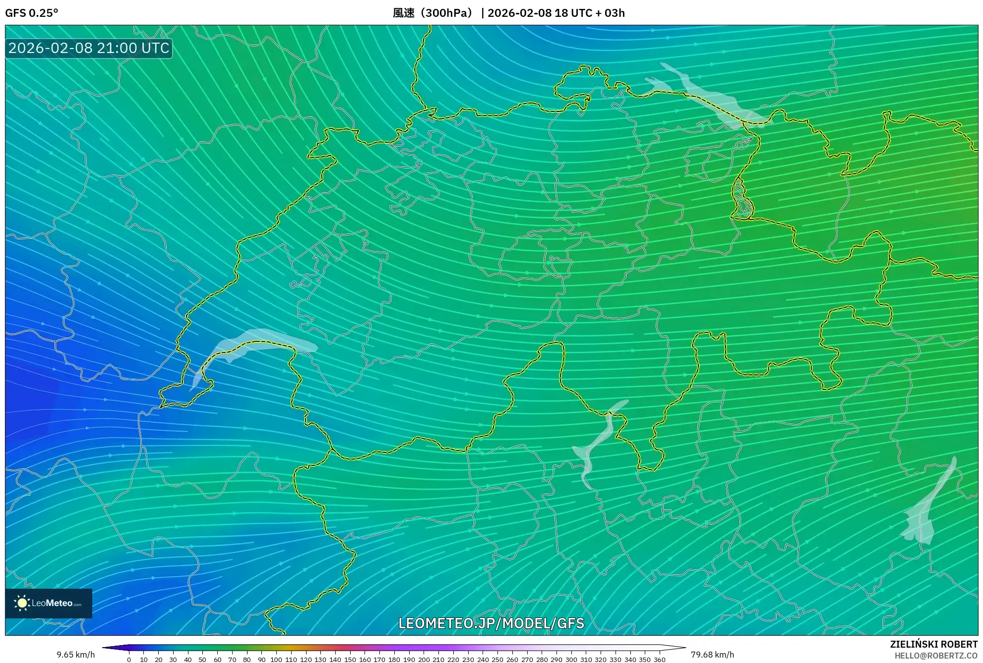 GFS model - スイス, 風速（300hPa）