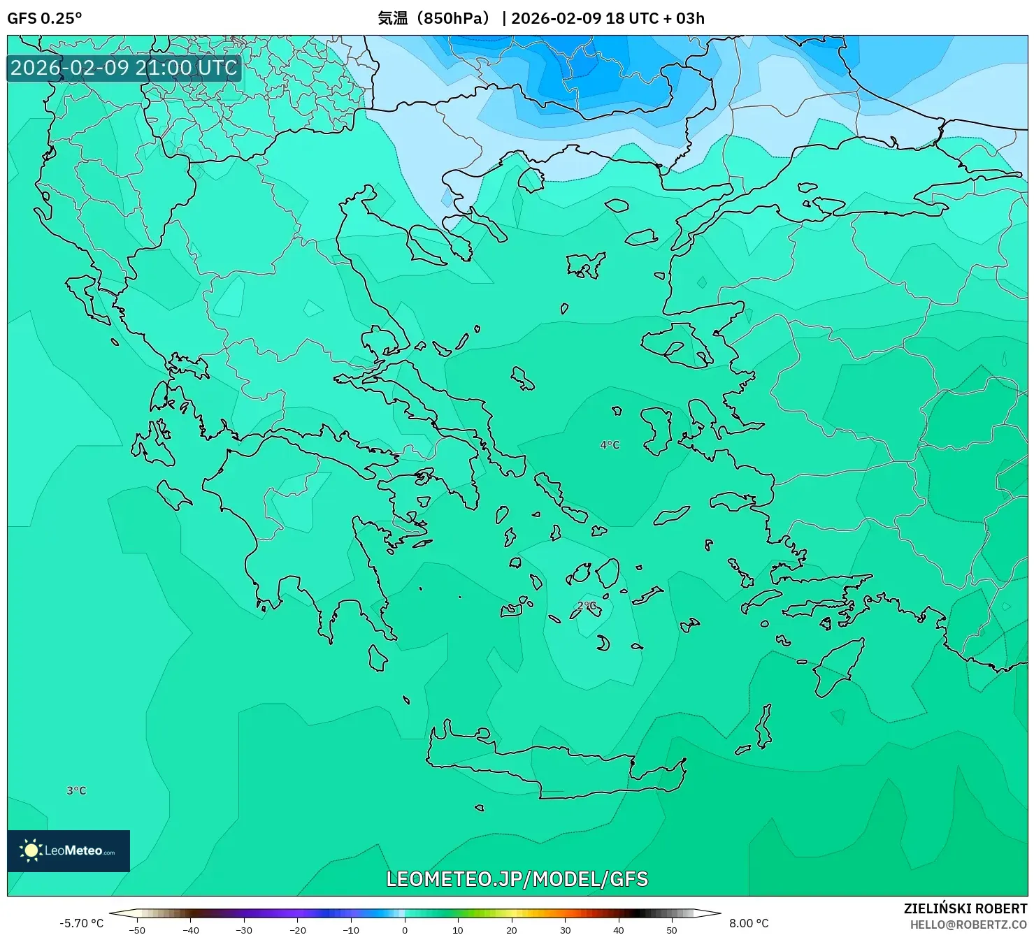 GFS model - ギリシャ, 気温（850hPa）