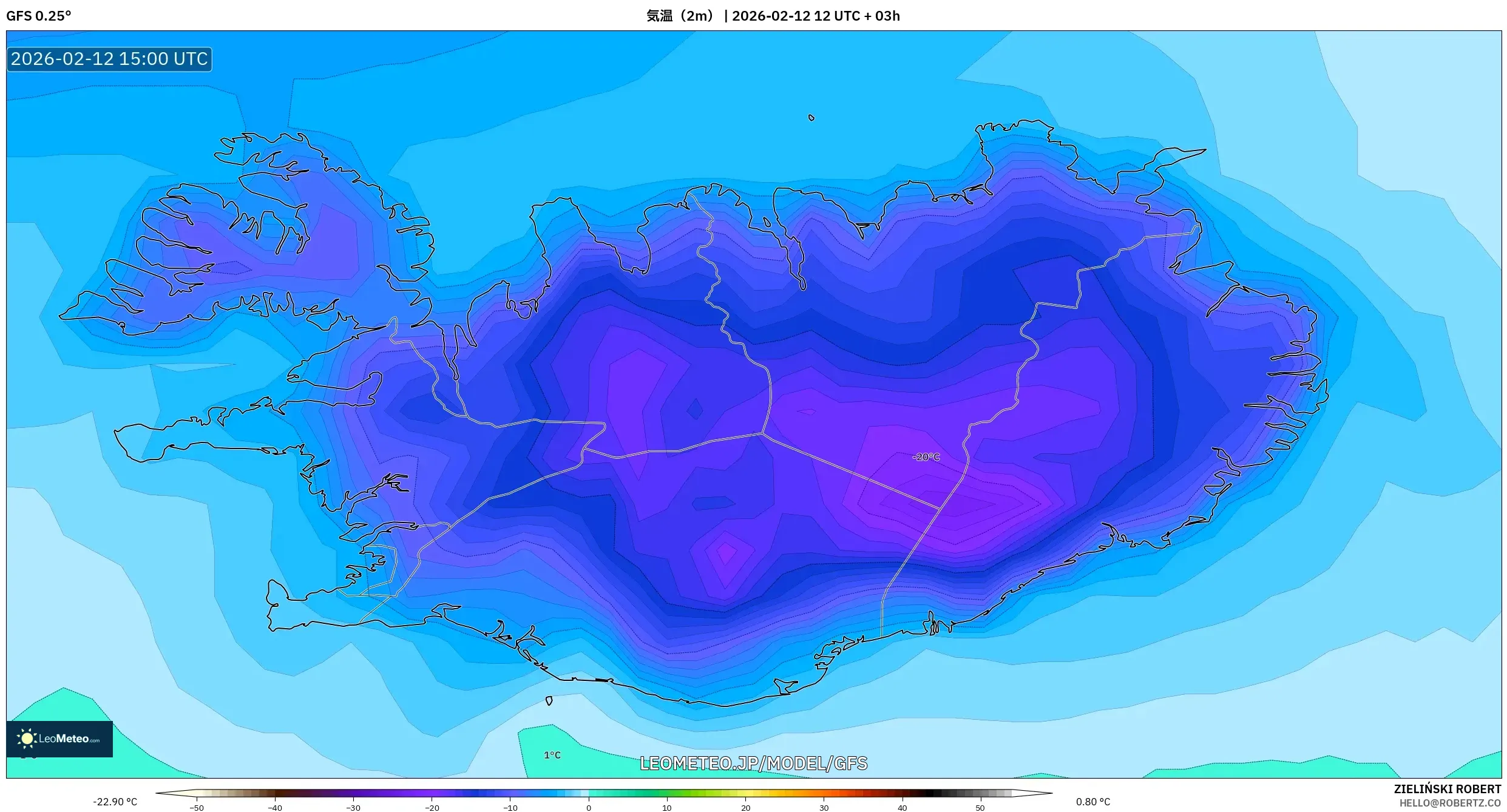 GFS model - アイスランド, 気温（2m）