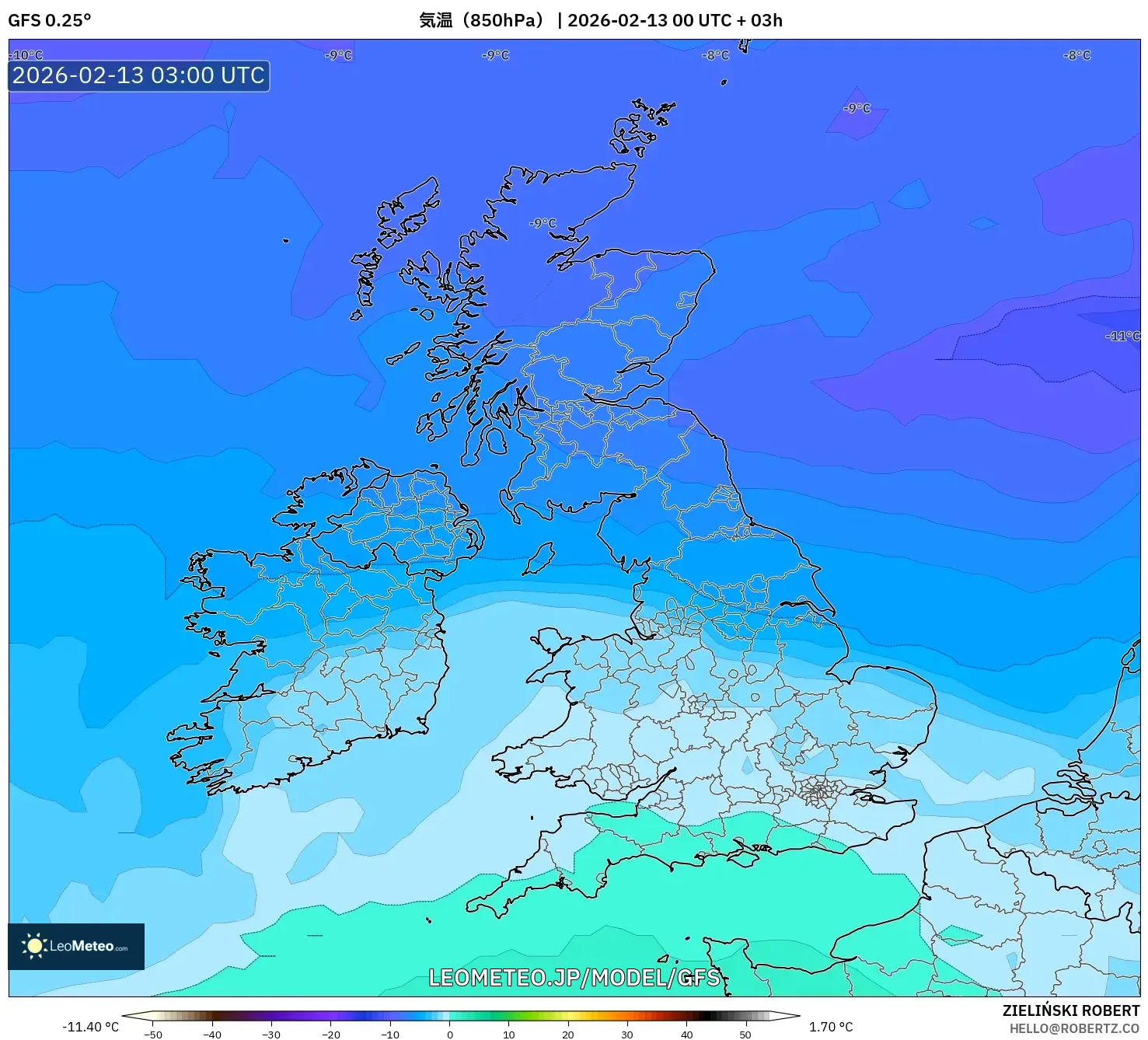 GFS model - イギリス, 気温（850hPa）