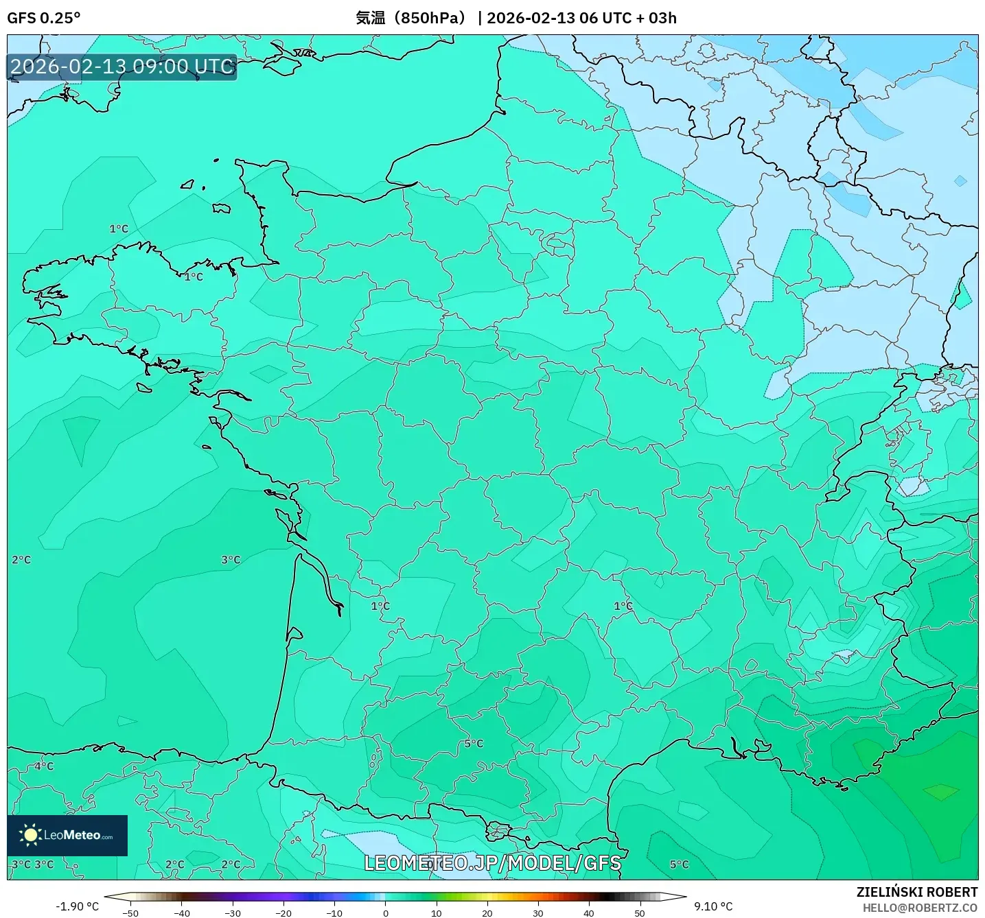 GFS model - フランス, 気温（850hPa）