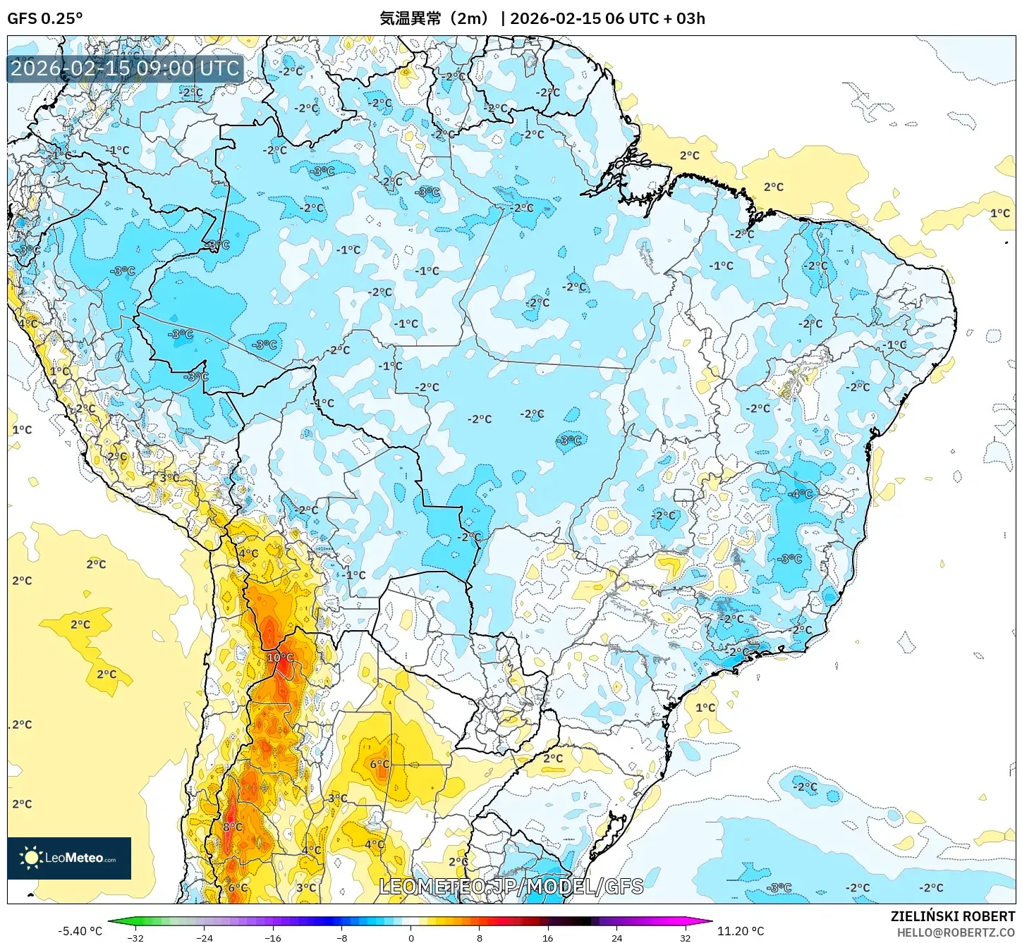 GFS model - ブラジル, 気温異常（2m）