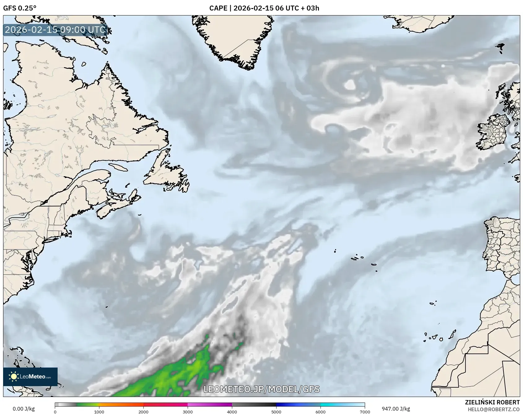 GFS model - 北大西洋, CAPE