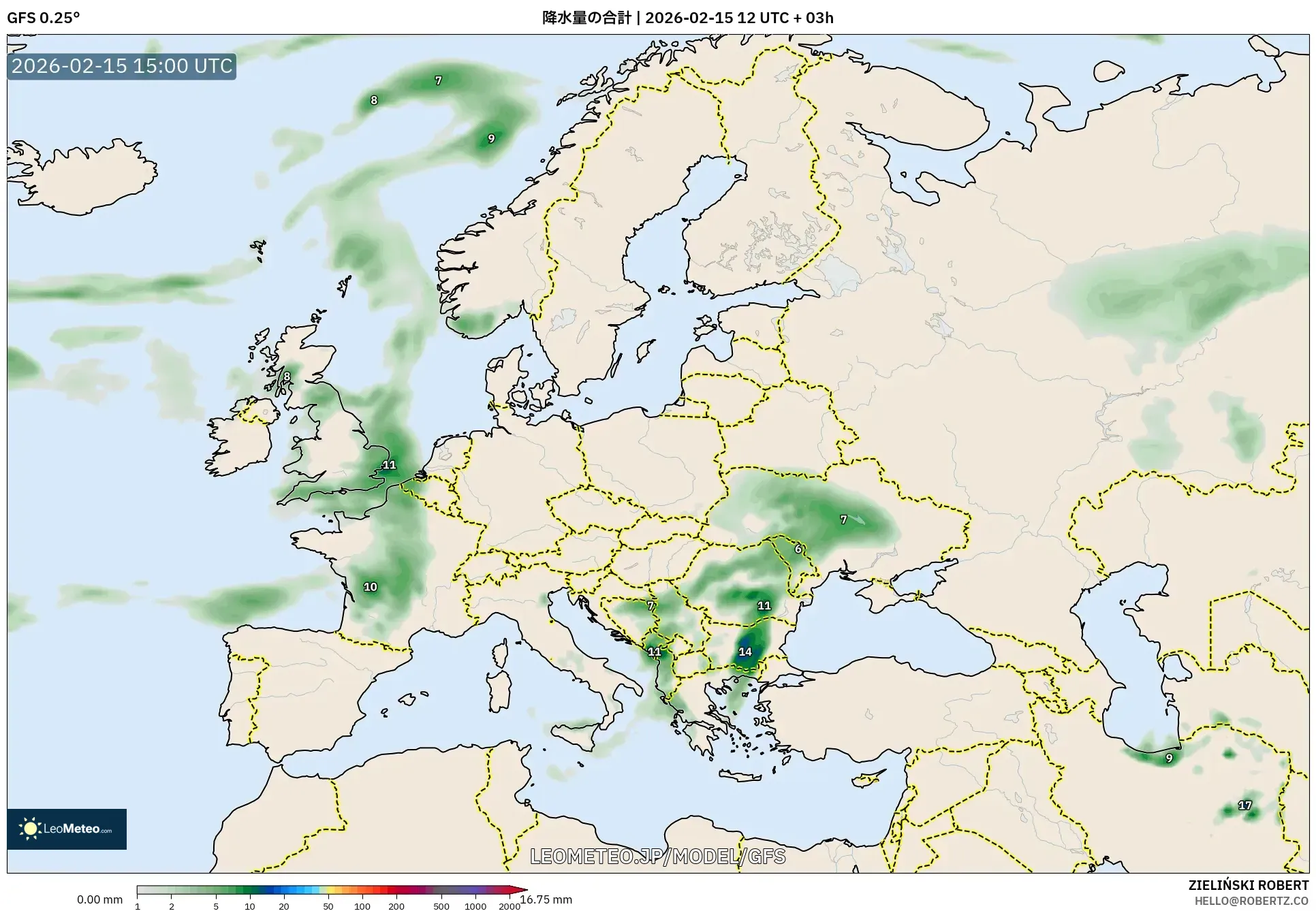 GFS model - ヨーロッパ, 降水量の合計
