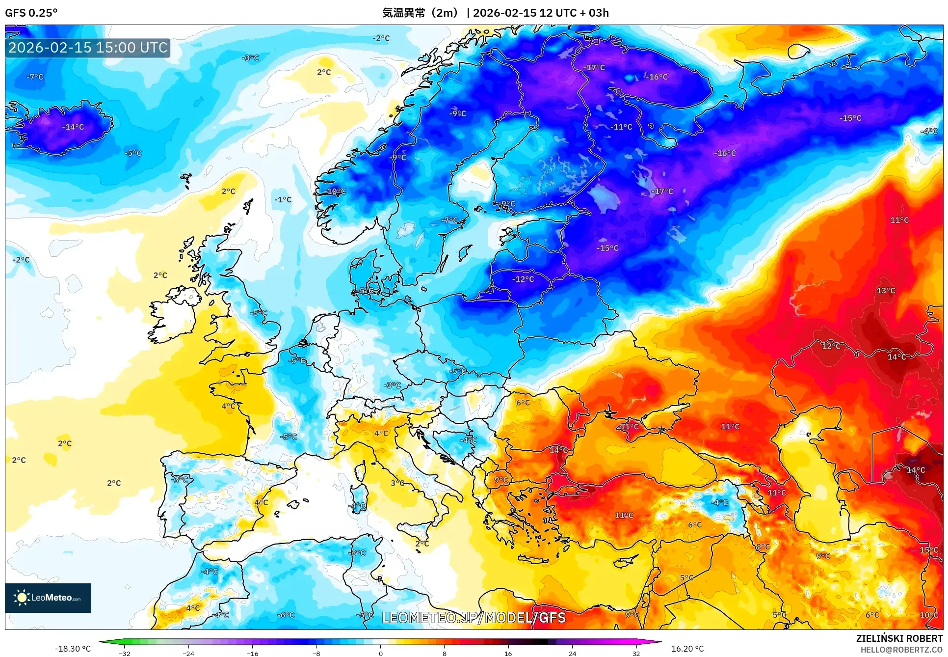 GFS model - ヨーロッパ, 気温異常（2m）
