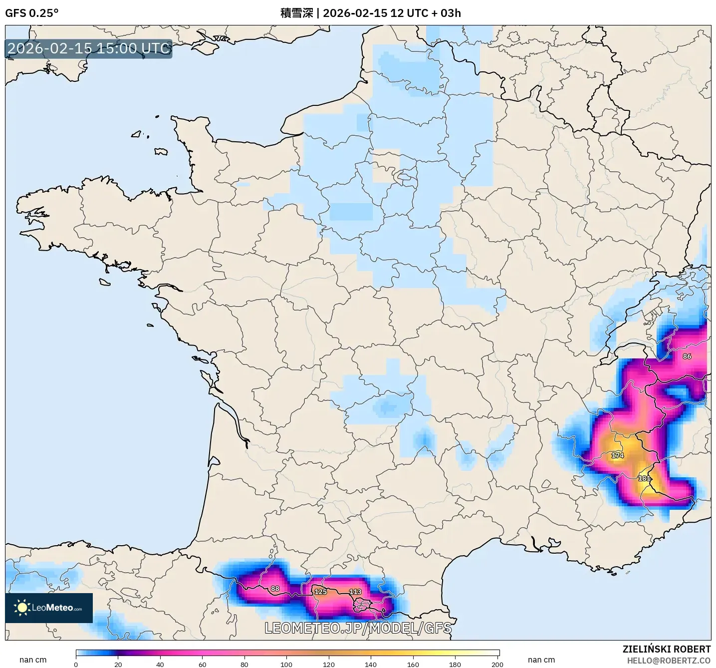 GFS model - フランス, 積雪深