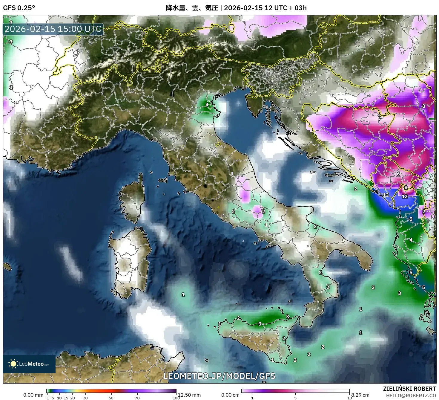 GFS model - イタリア, 降水量、雲、気圧