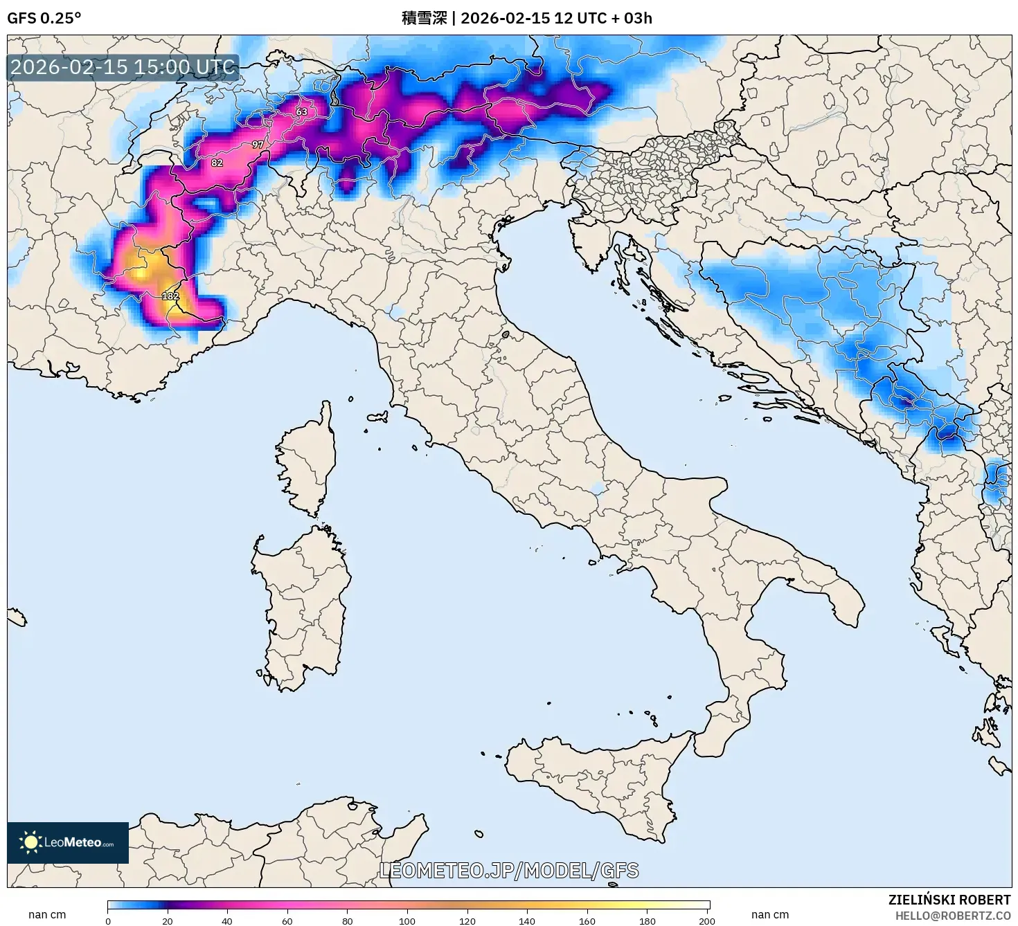 GFS model - イタリア, 積雪深