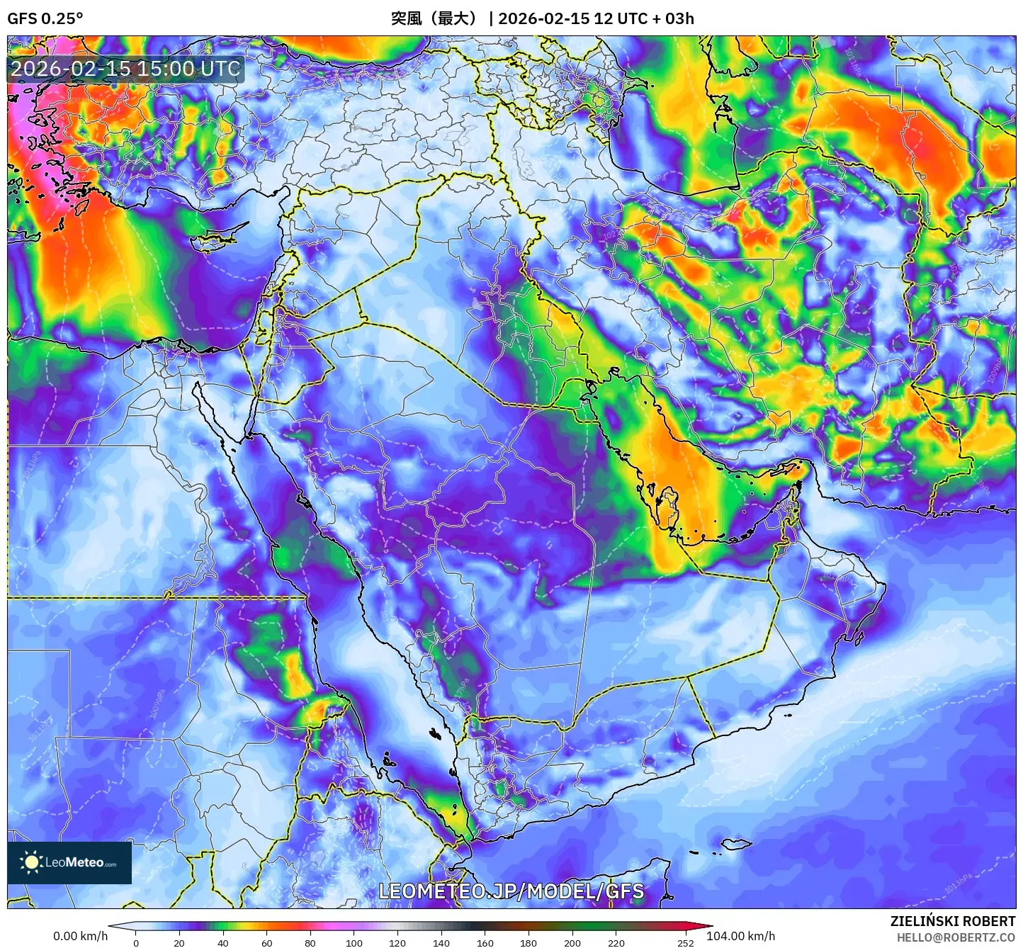 GFS model - 中東, 突風（最大）