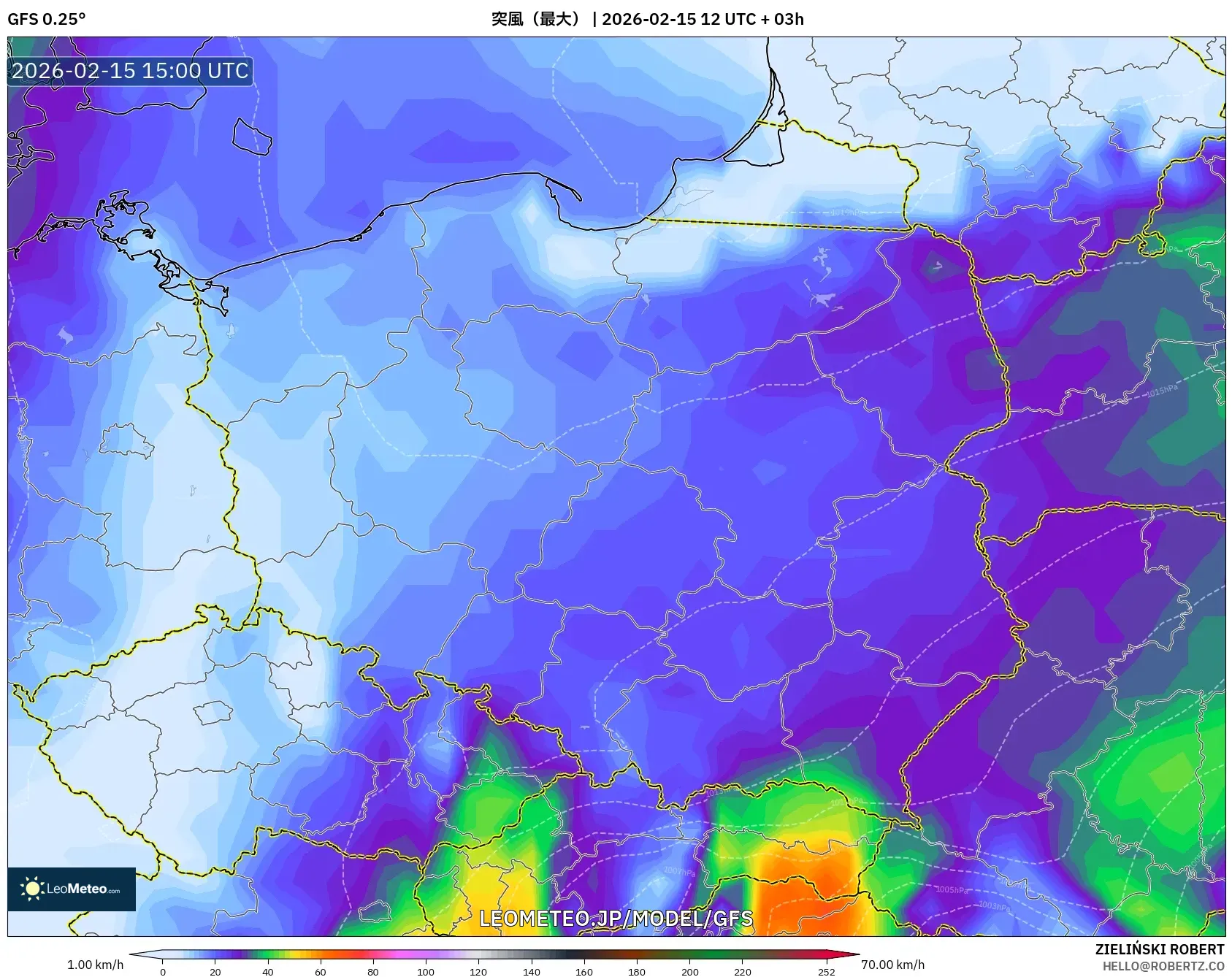 GFS model - ポーランド, 突風（最大）