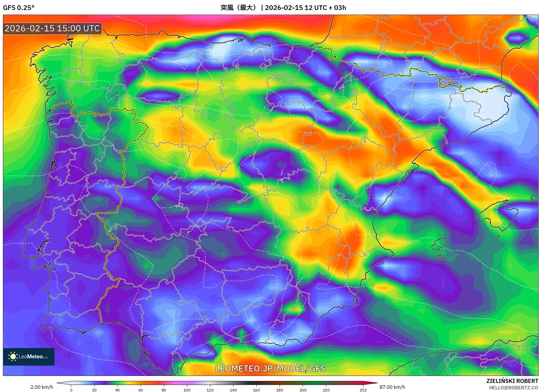 GFS model - スペイン, 突風（最大）