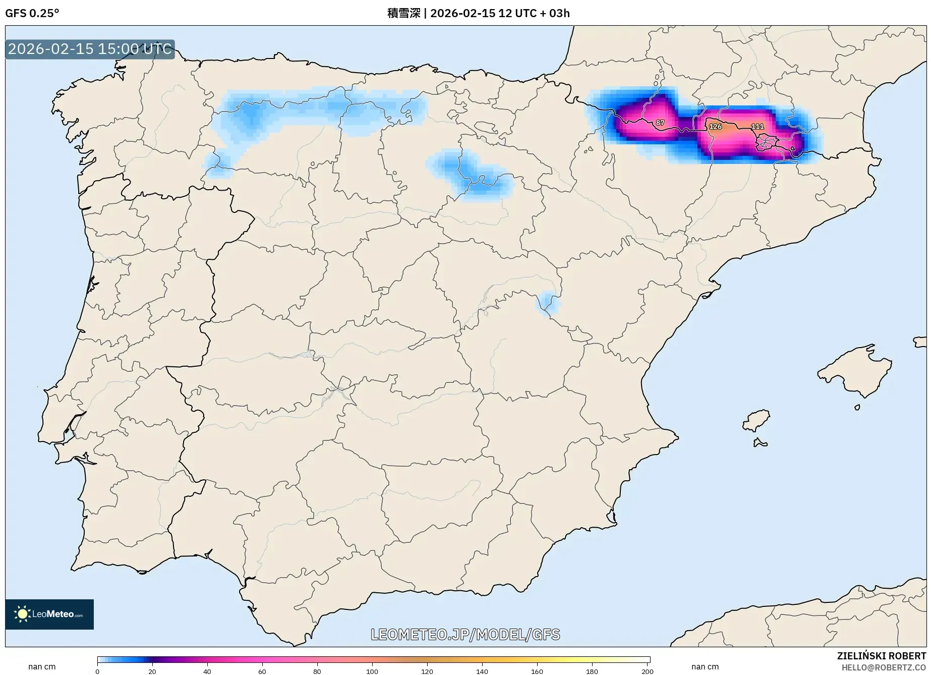 GFS model - スペイン, 積雪深