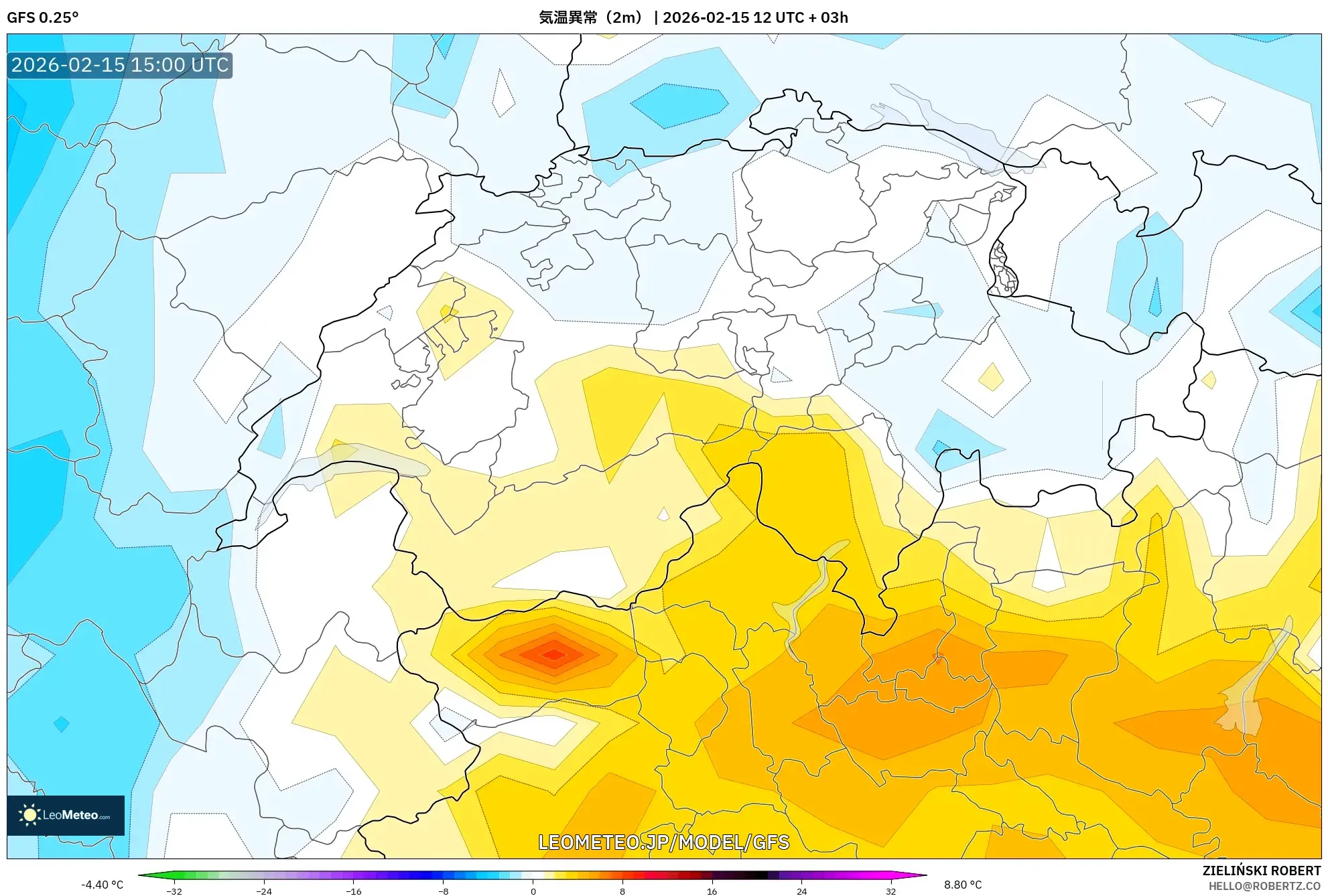 GFS model - スイス, 気温異常（2m）