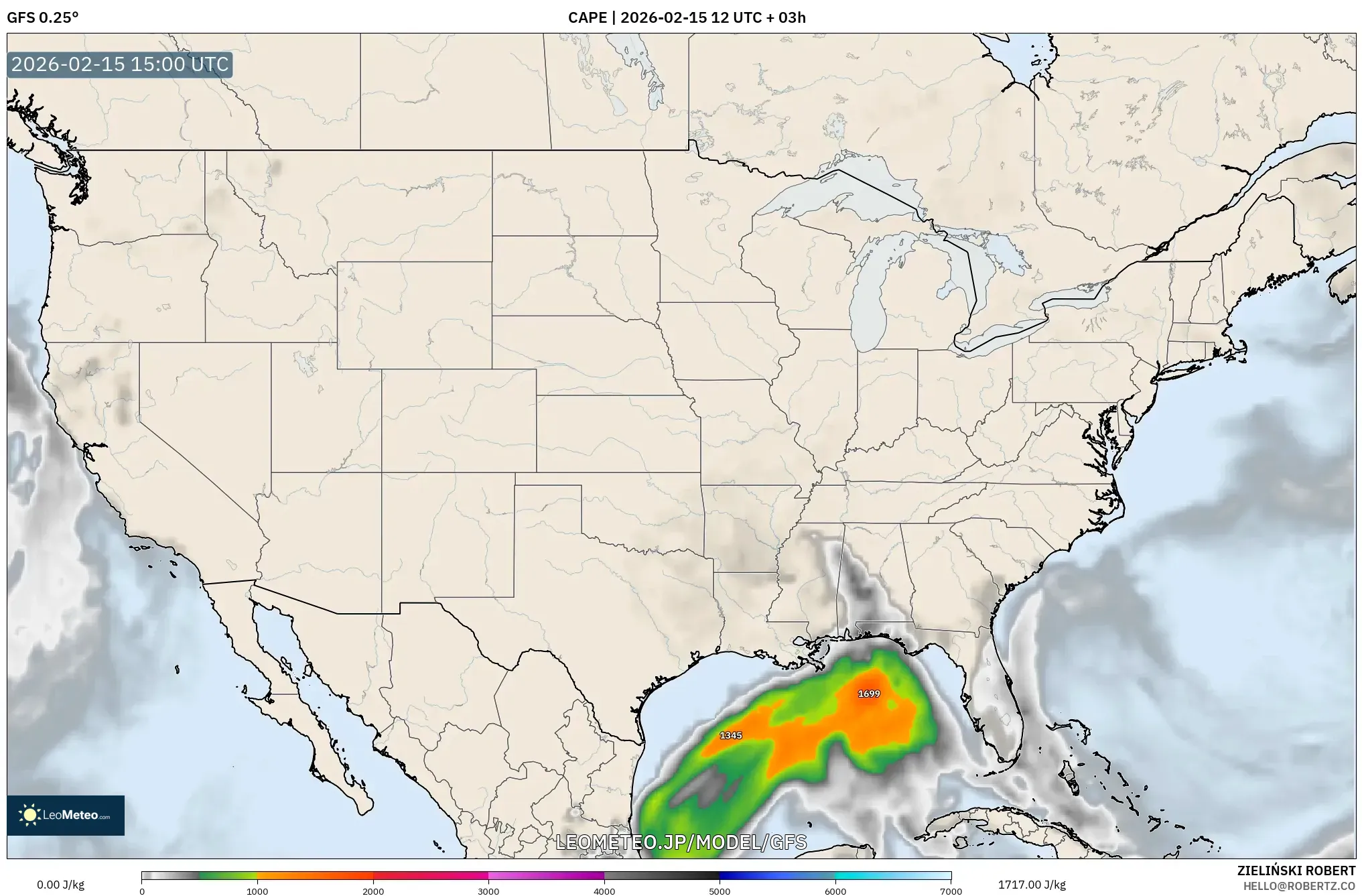 GFS model - アメリカ合衆国, CAPE