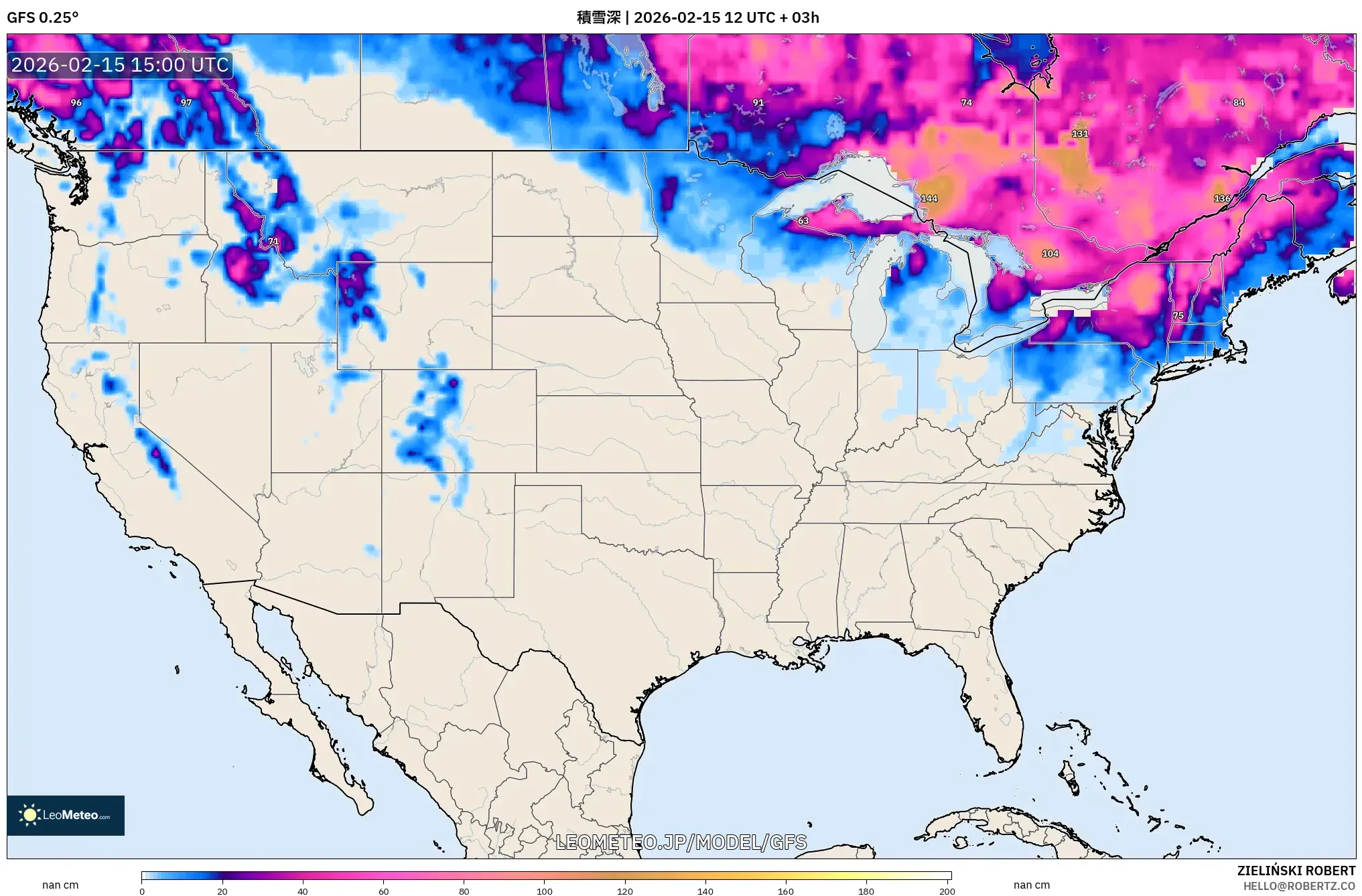 GFS model - アメリカ合衆国, 積雪深