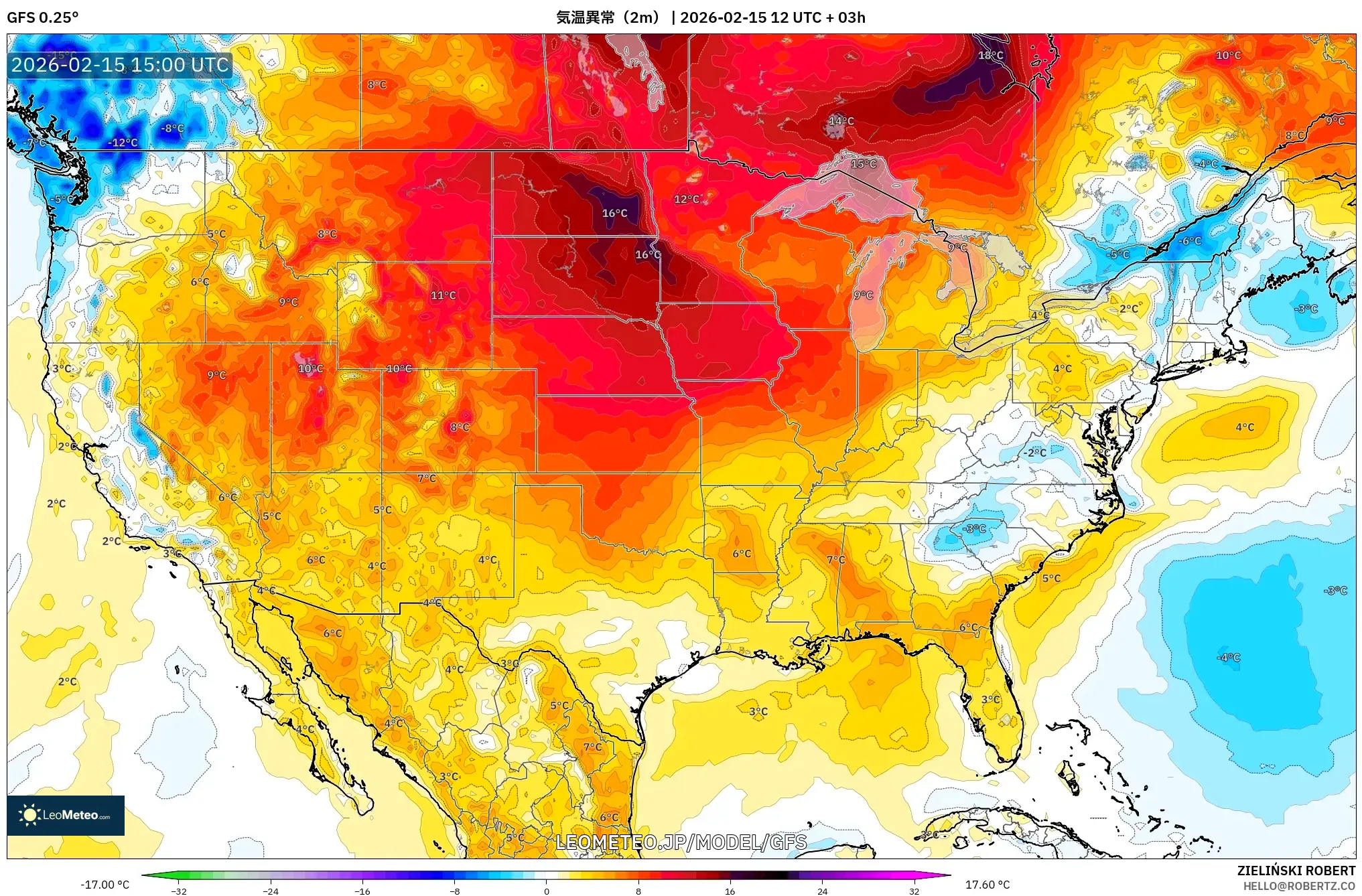 GFS model - アメリカ合衆国, 気温異常（2m）