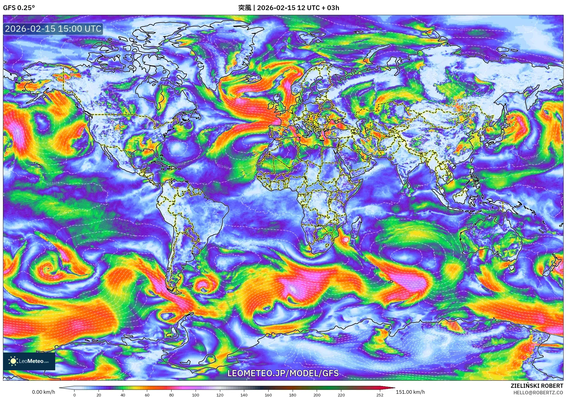 GFS model - 世界, 突風