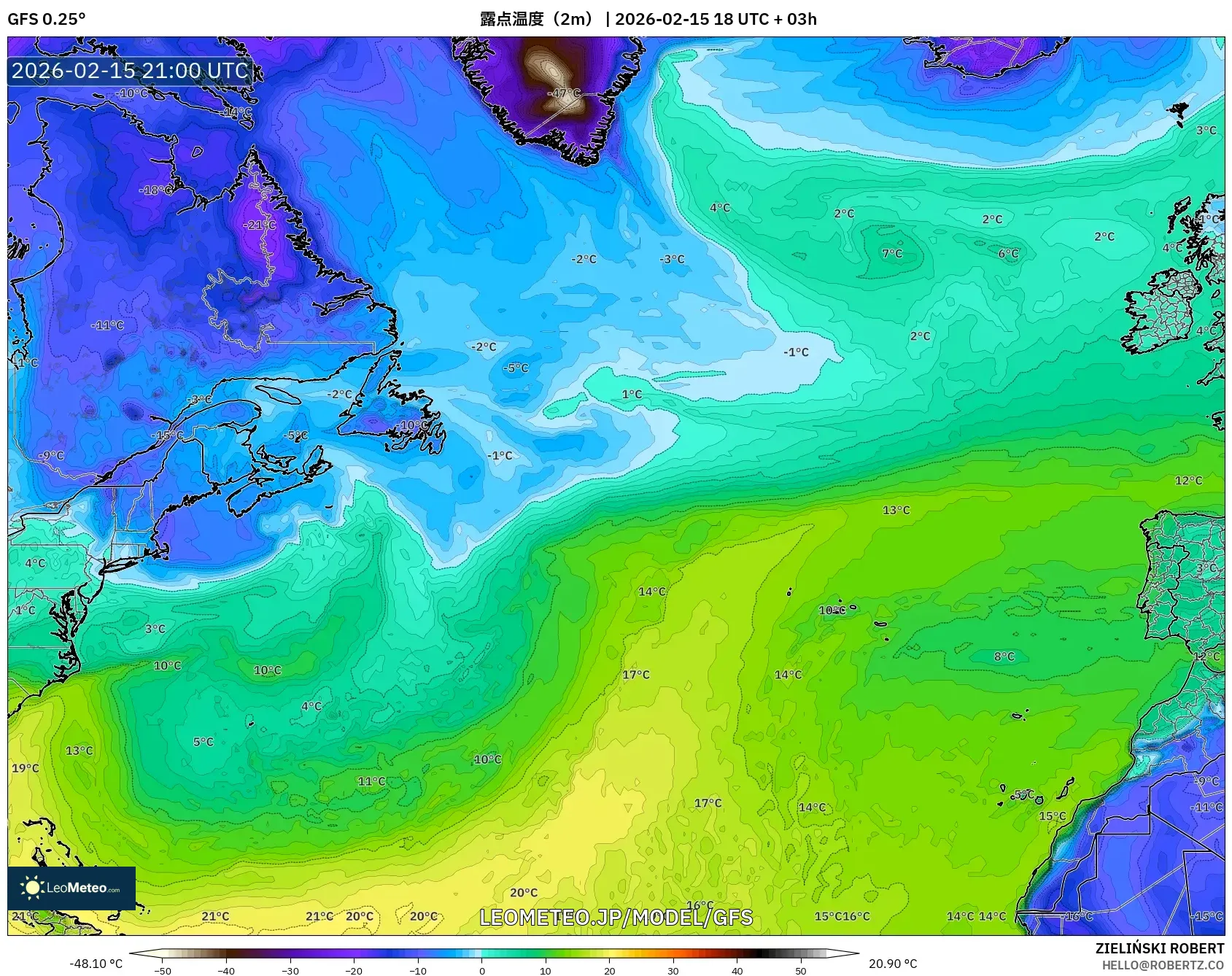 GFS model - 北大西洋, 露点温度（2m）