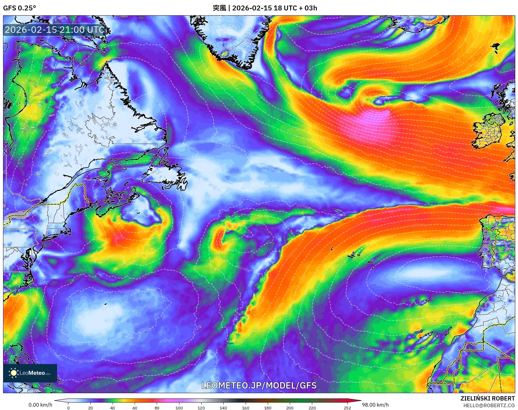 GFS model - 北大西洋, 突風