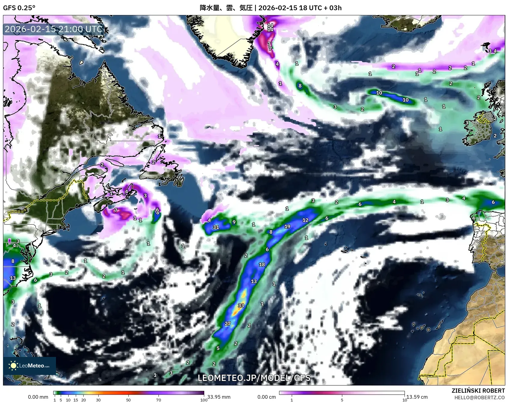 GFS model - 北大西洋, 降水量、雲、気圧