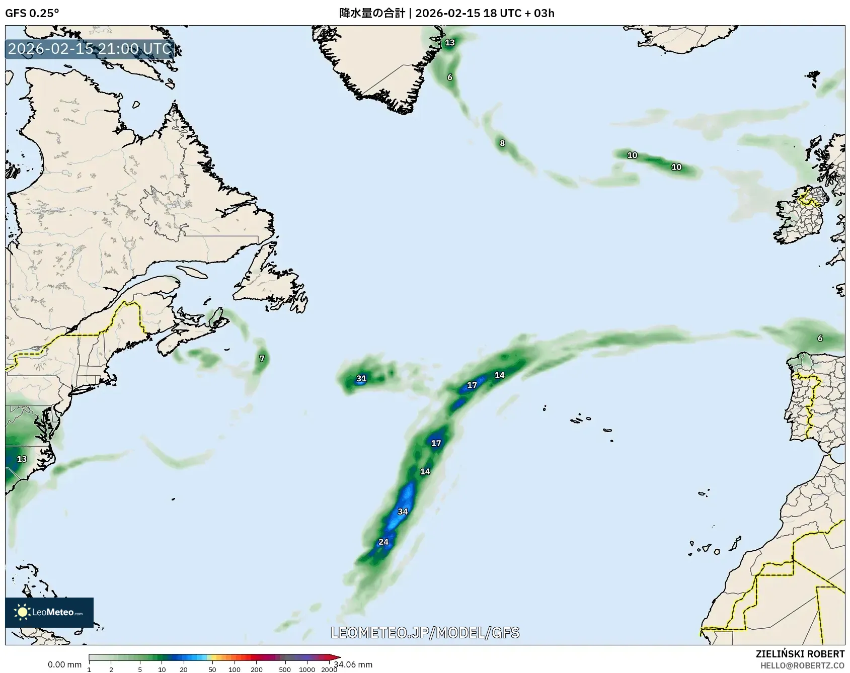 GFS model - 北大西洋, 降水量の合計