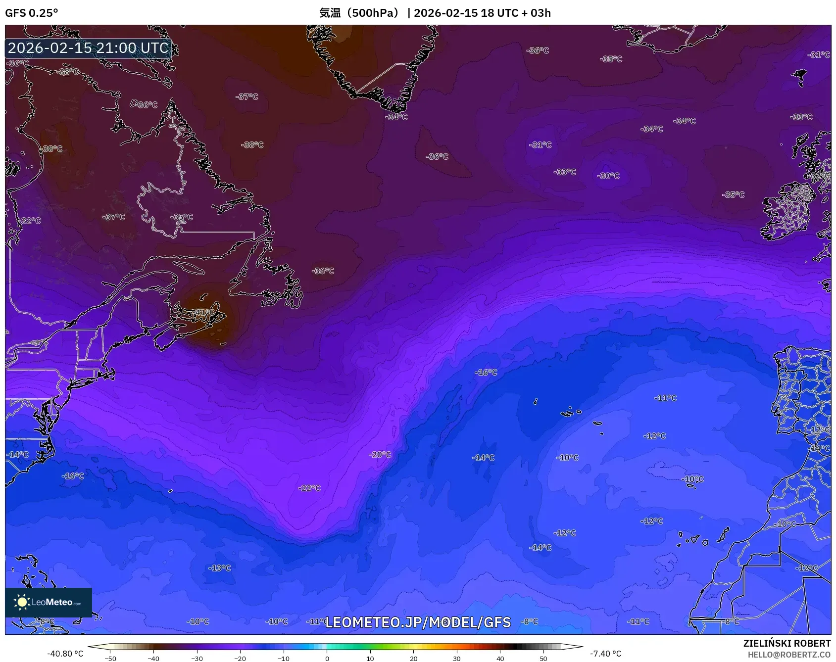 GFS model - 北大西洋, 気温（500hPa）