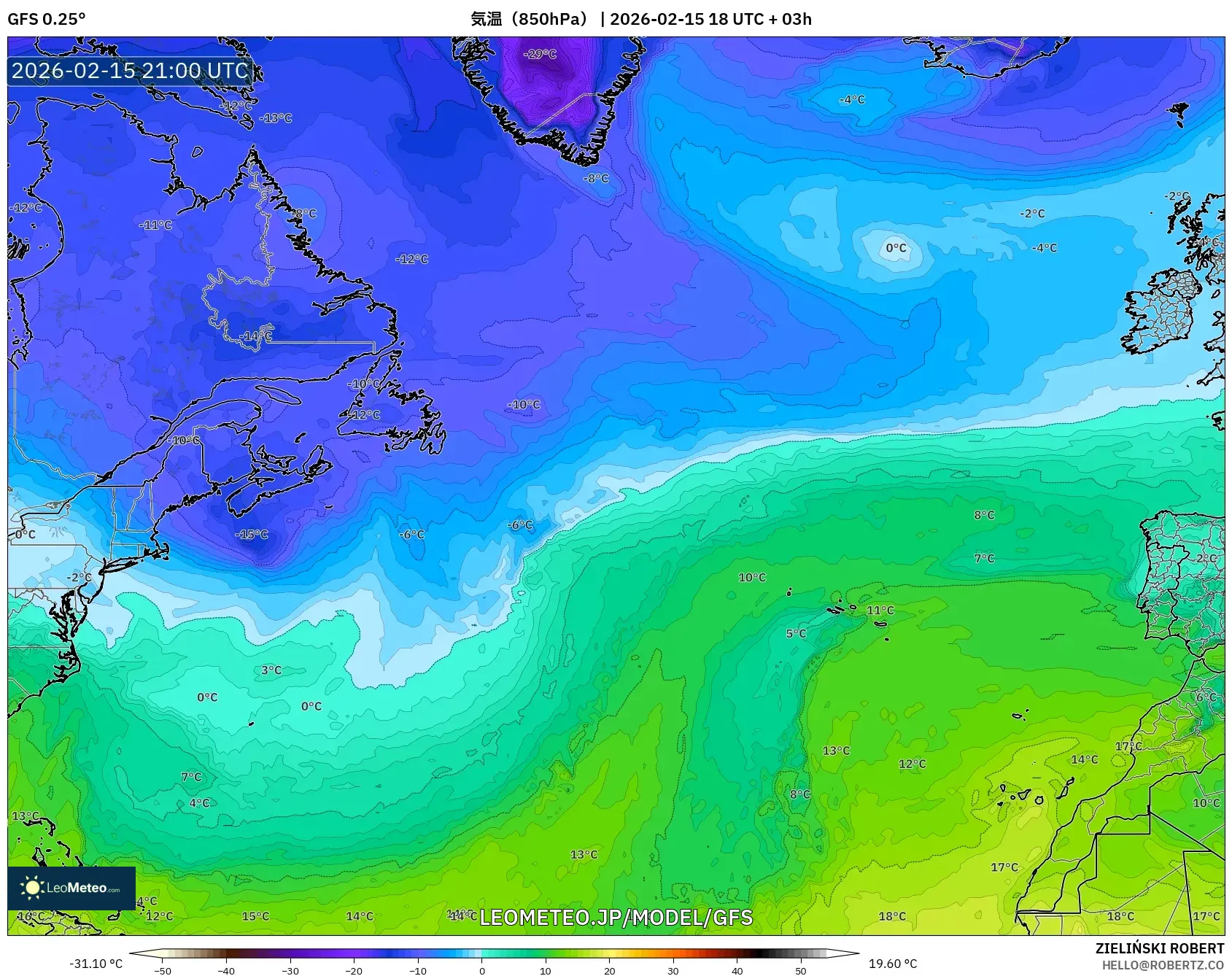 GFS model - 北大西洋, 気温（850hPa）