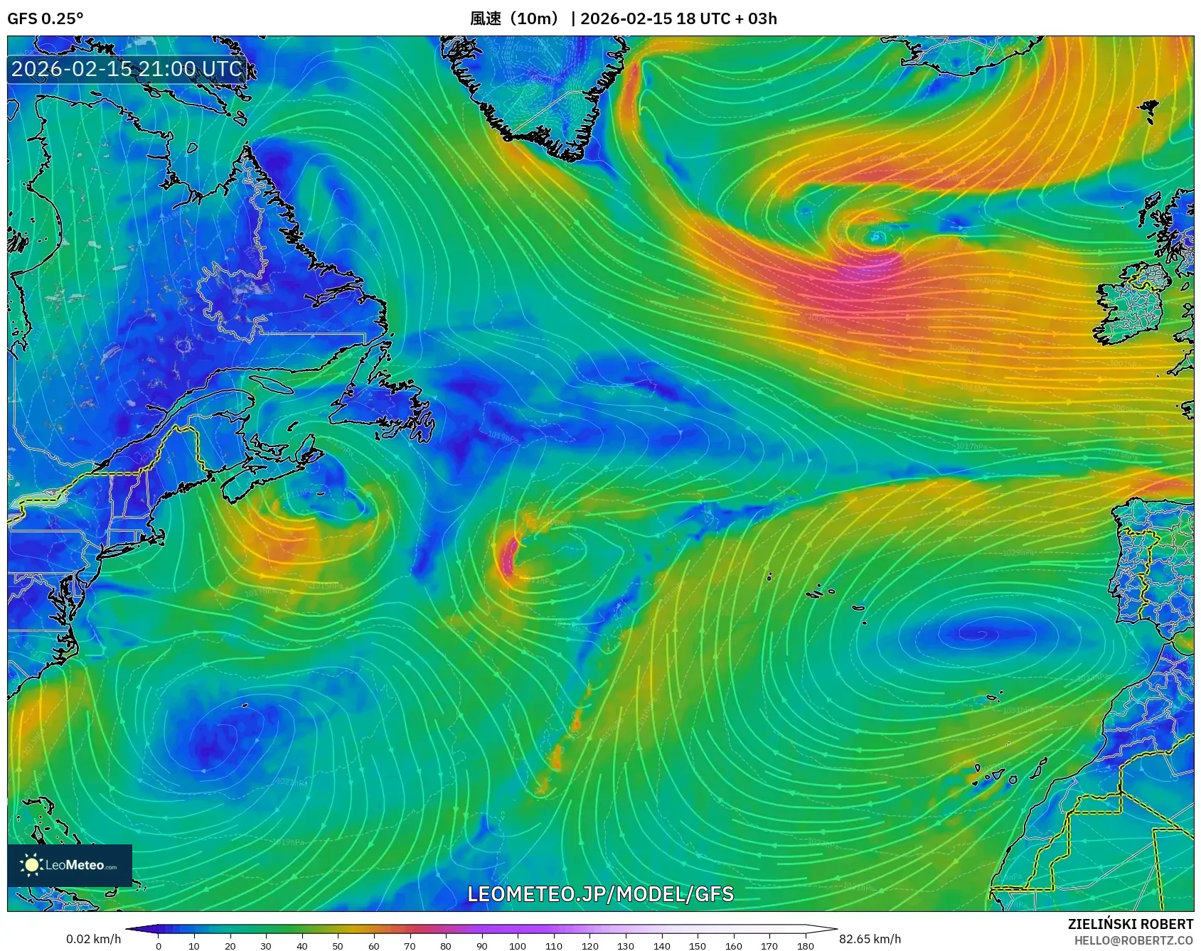 GFS model - 北大西洋, 風速（10m）