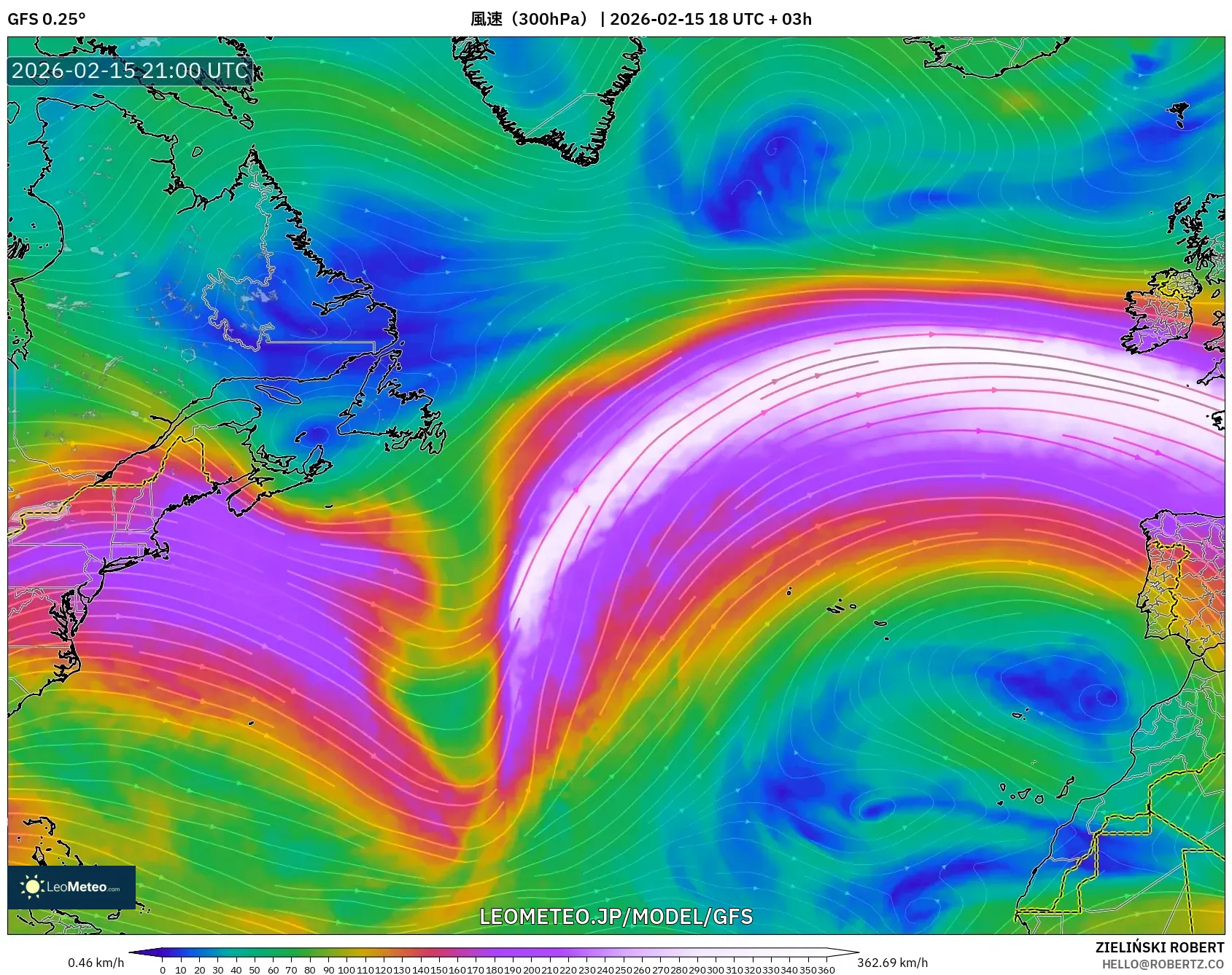 GFS model - 北大西洋, 風速（300hPa）