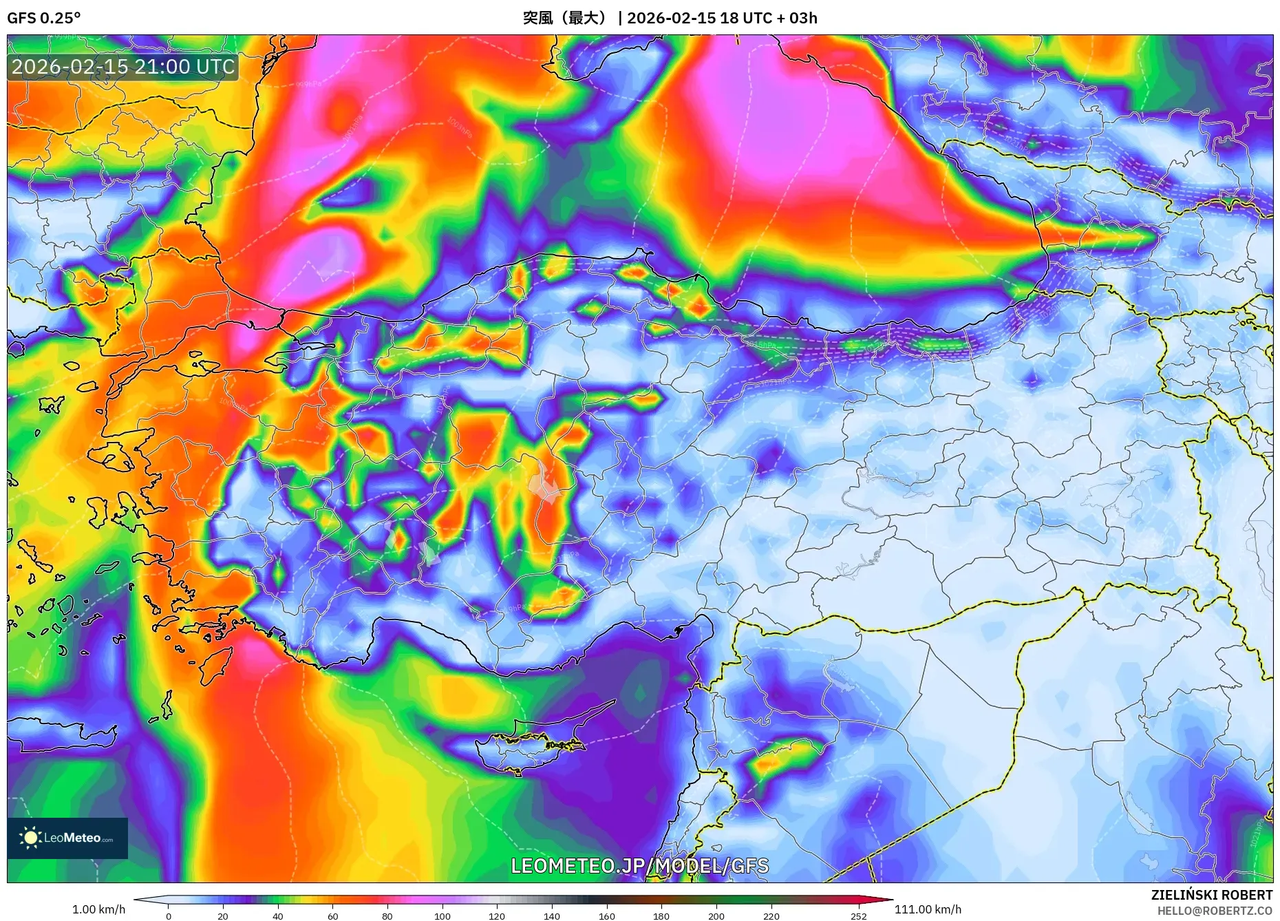 GFS model - トルコ, 突風（最大）