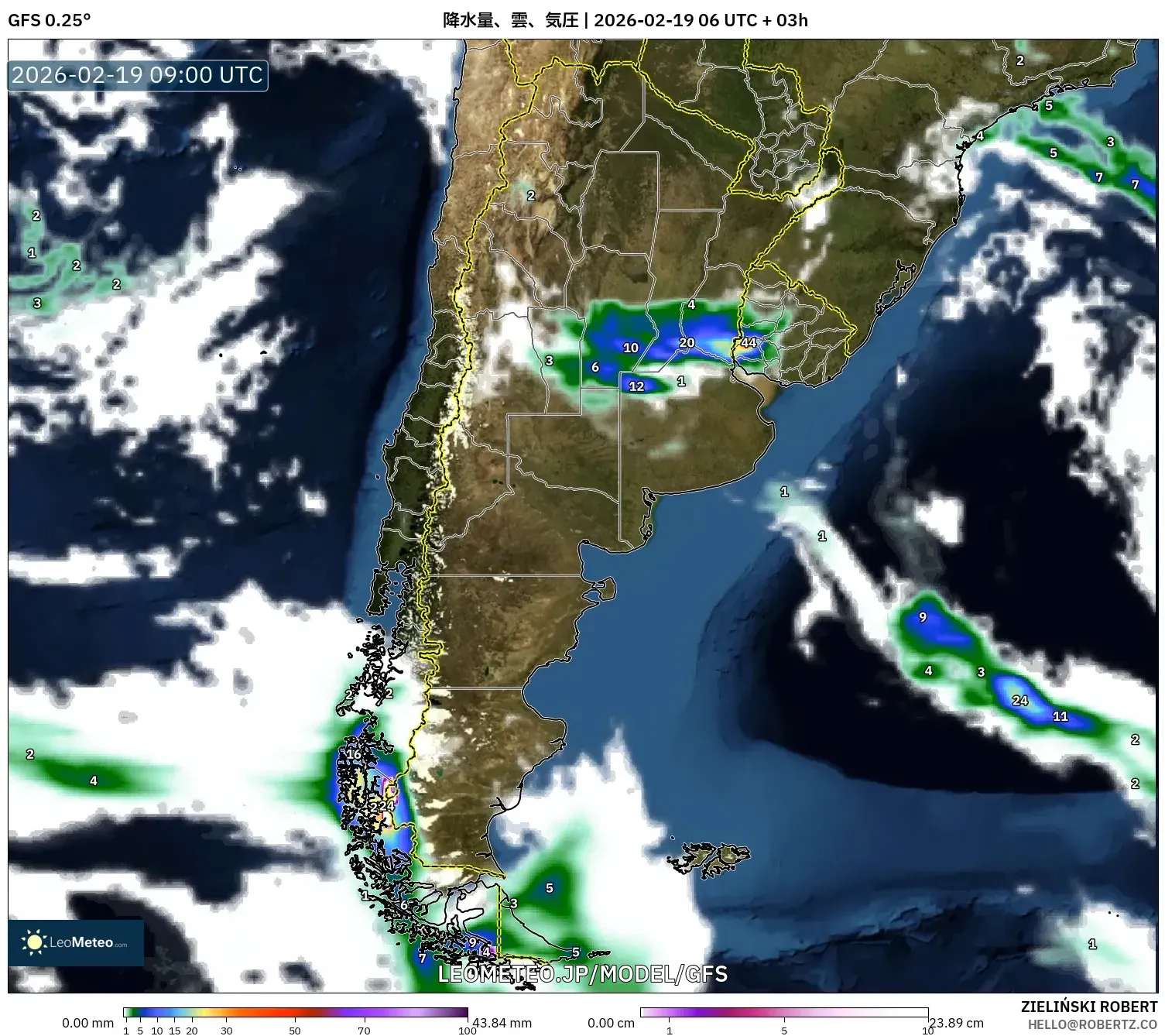 GFS model - アルゼンチン, 降水量、雲、気圧